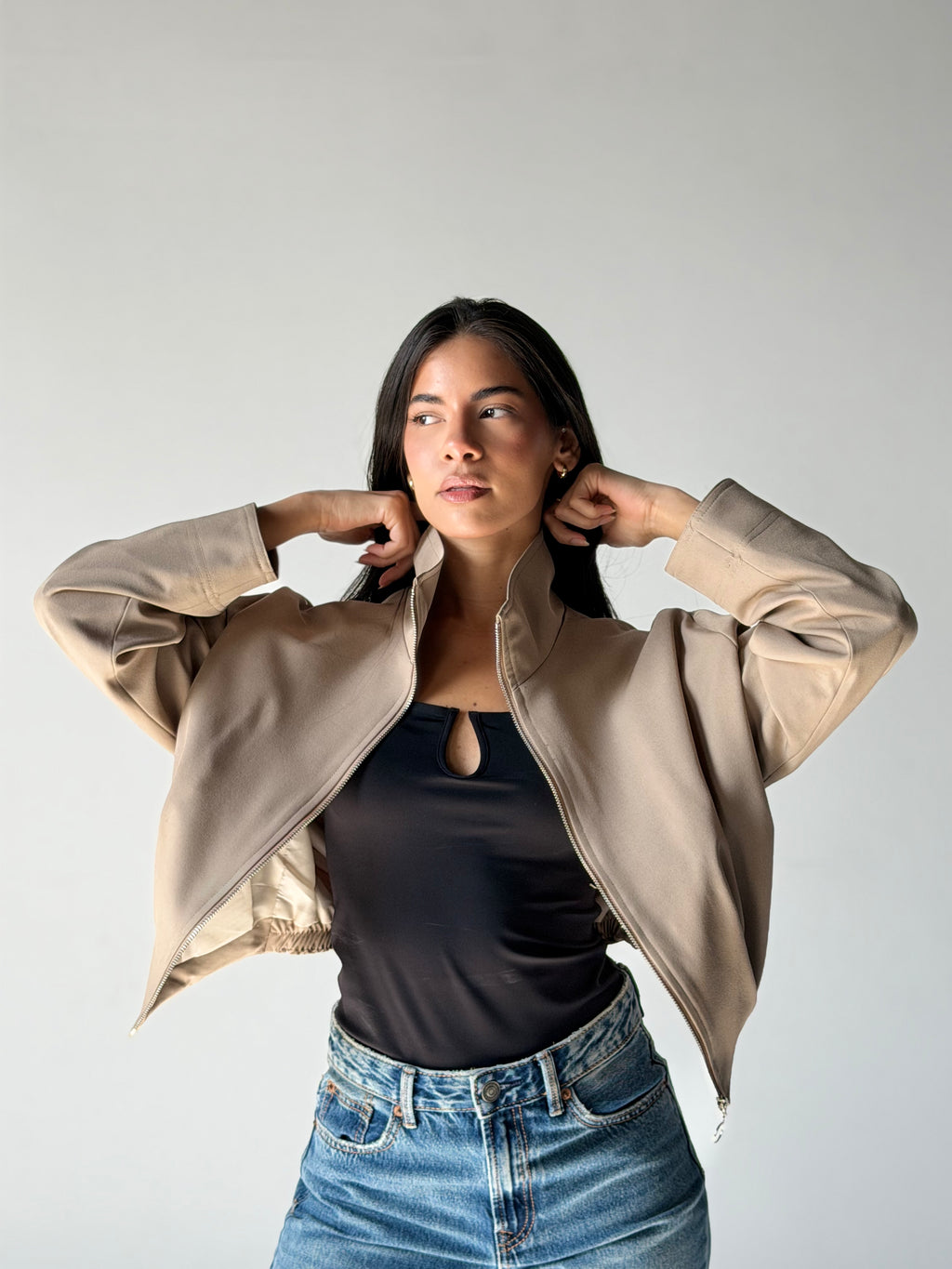 High-Neck Bomber Jacket In Beige