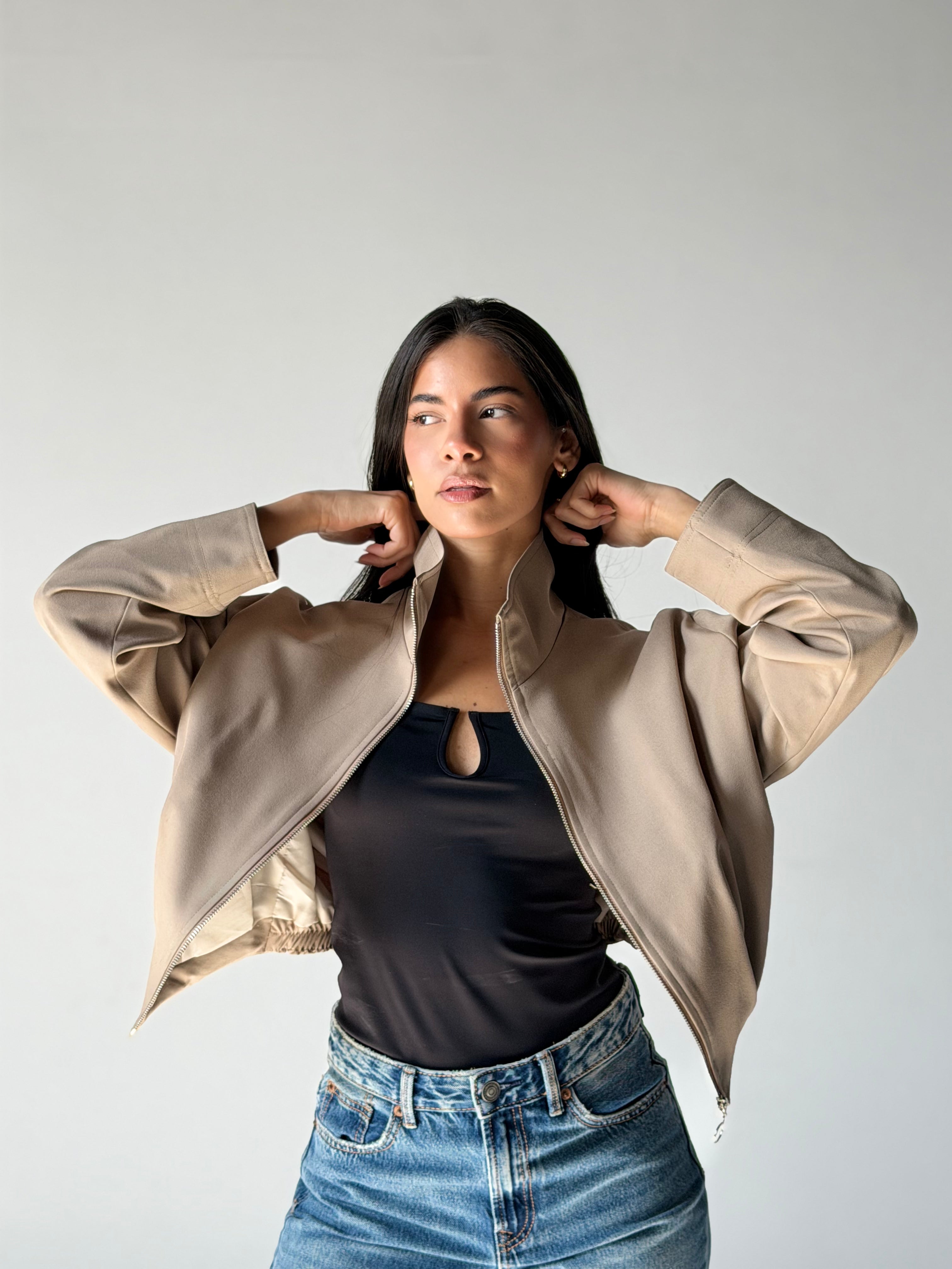 High-Neck Bomber Jacket In Beige