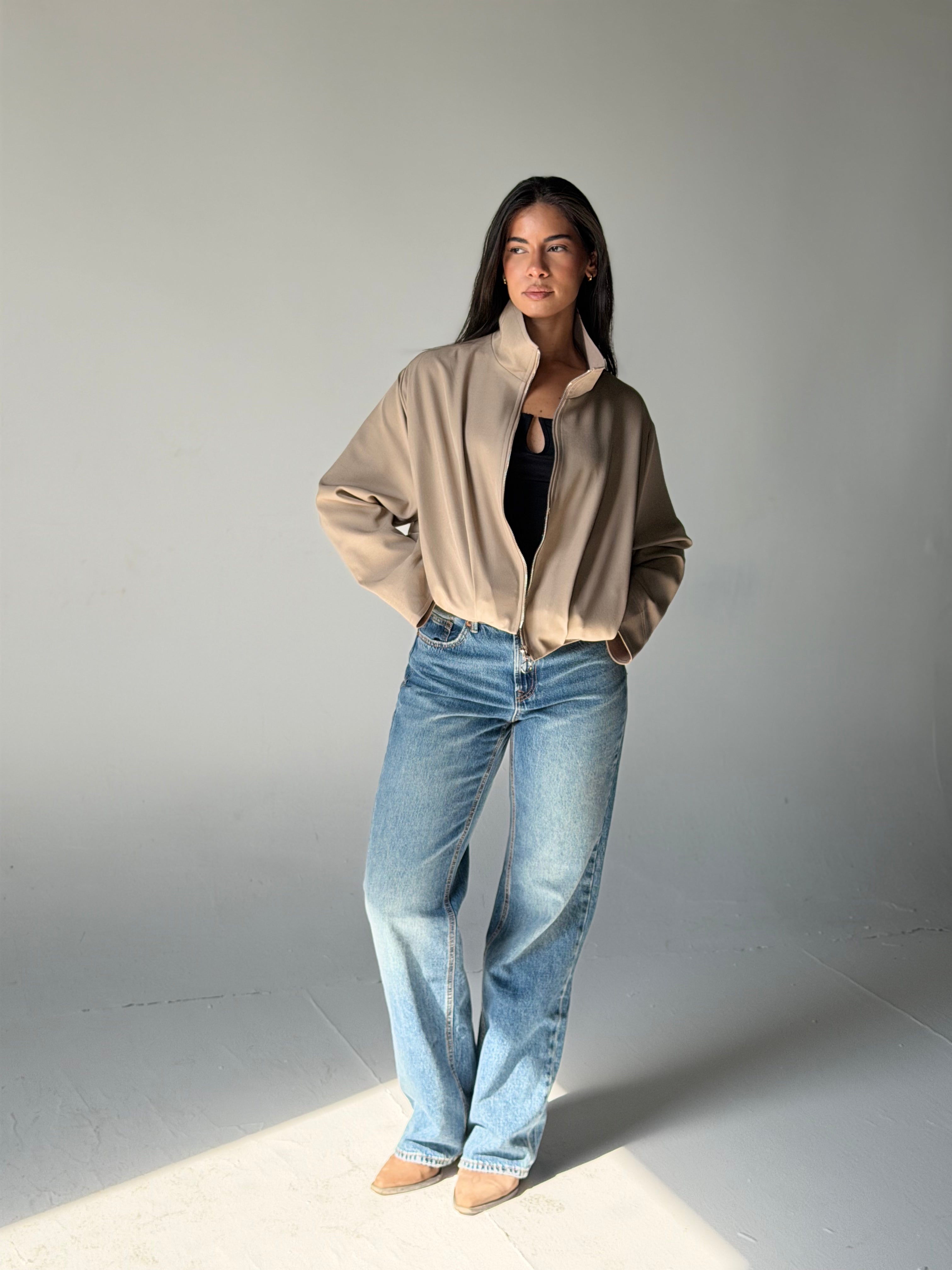 High-Neck Bomber Jacket In Beige