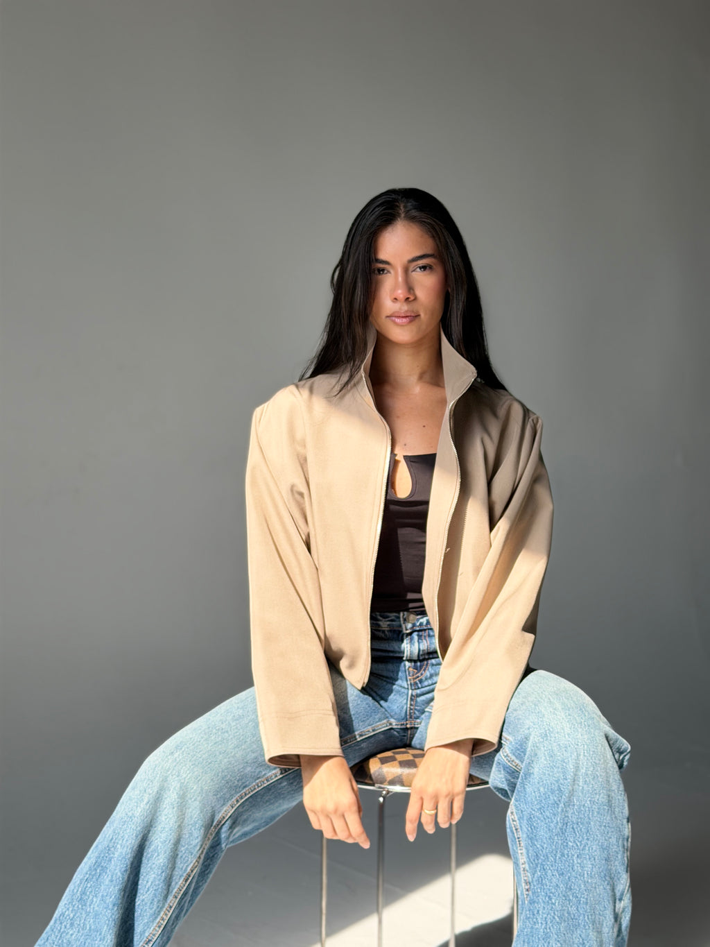 High-Neck Bomber Jacket In Beige