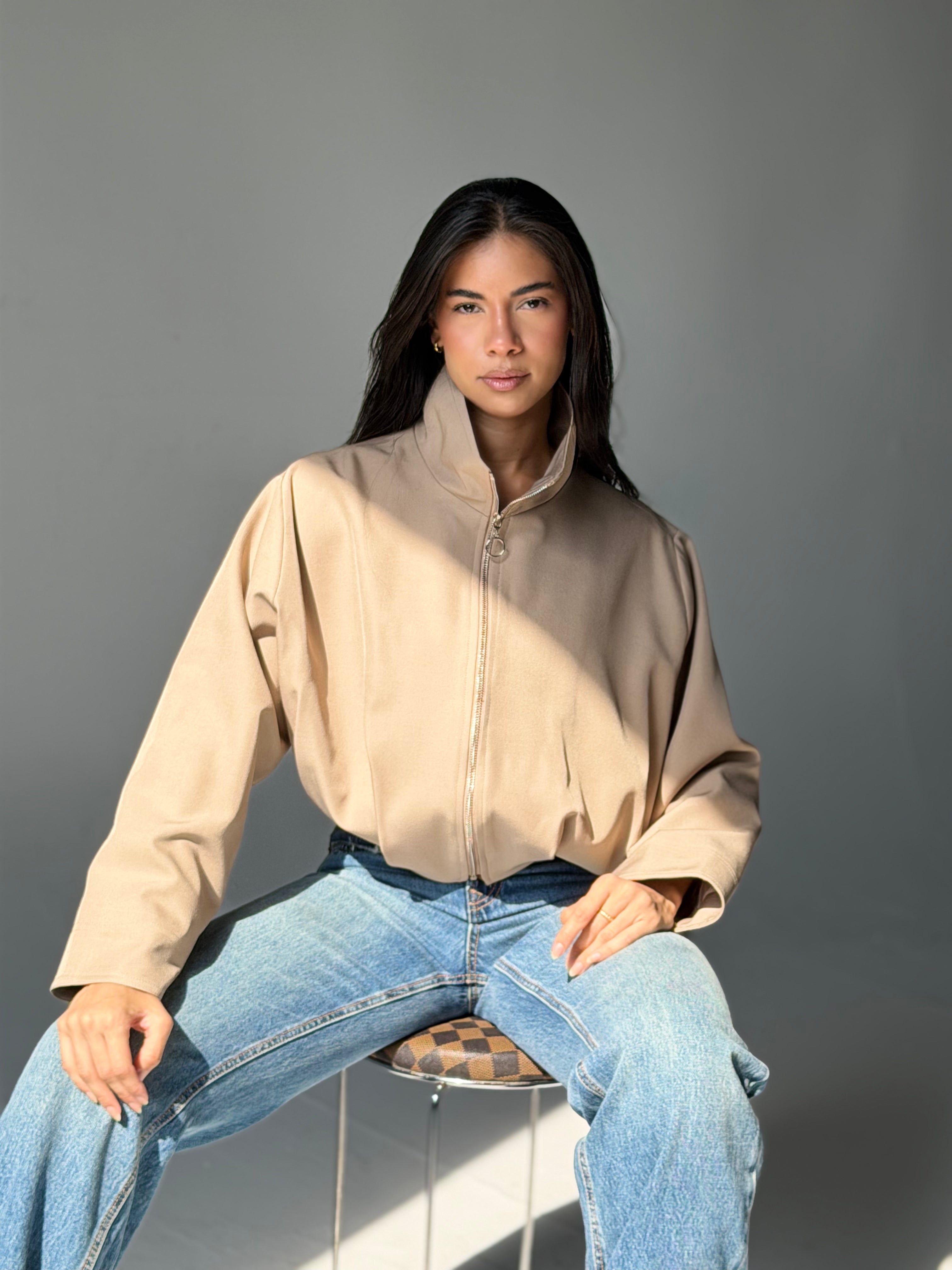 High-Neck Bomber Jacket In Beige