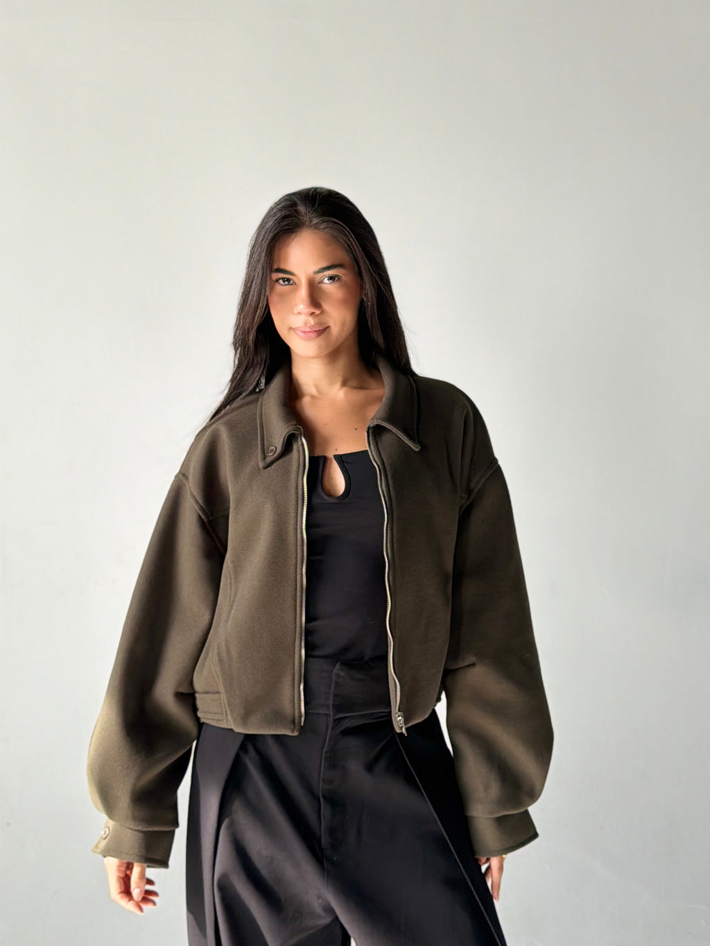 Cropped Bomber Jacket in Olive