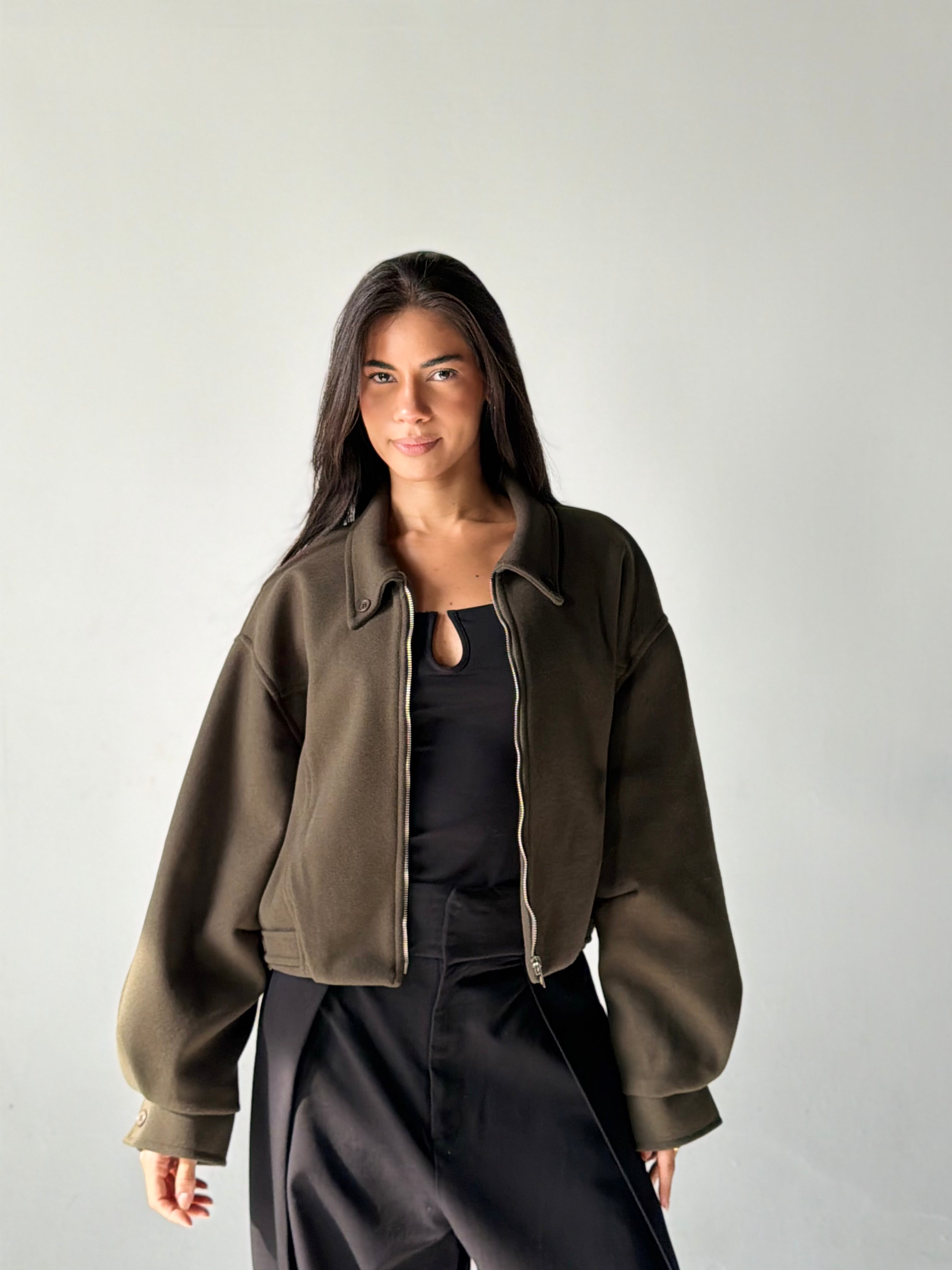 Cropped Bomber Jacket in Olive
