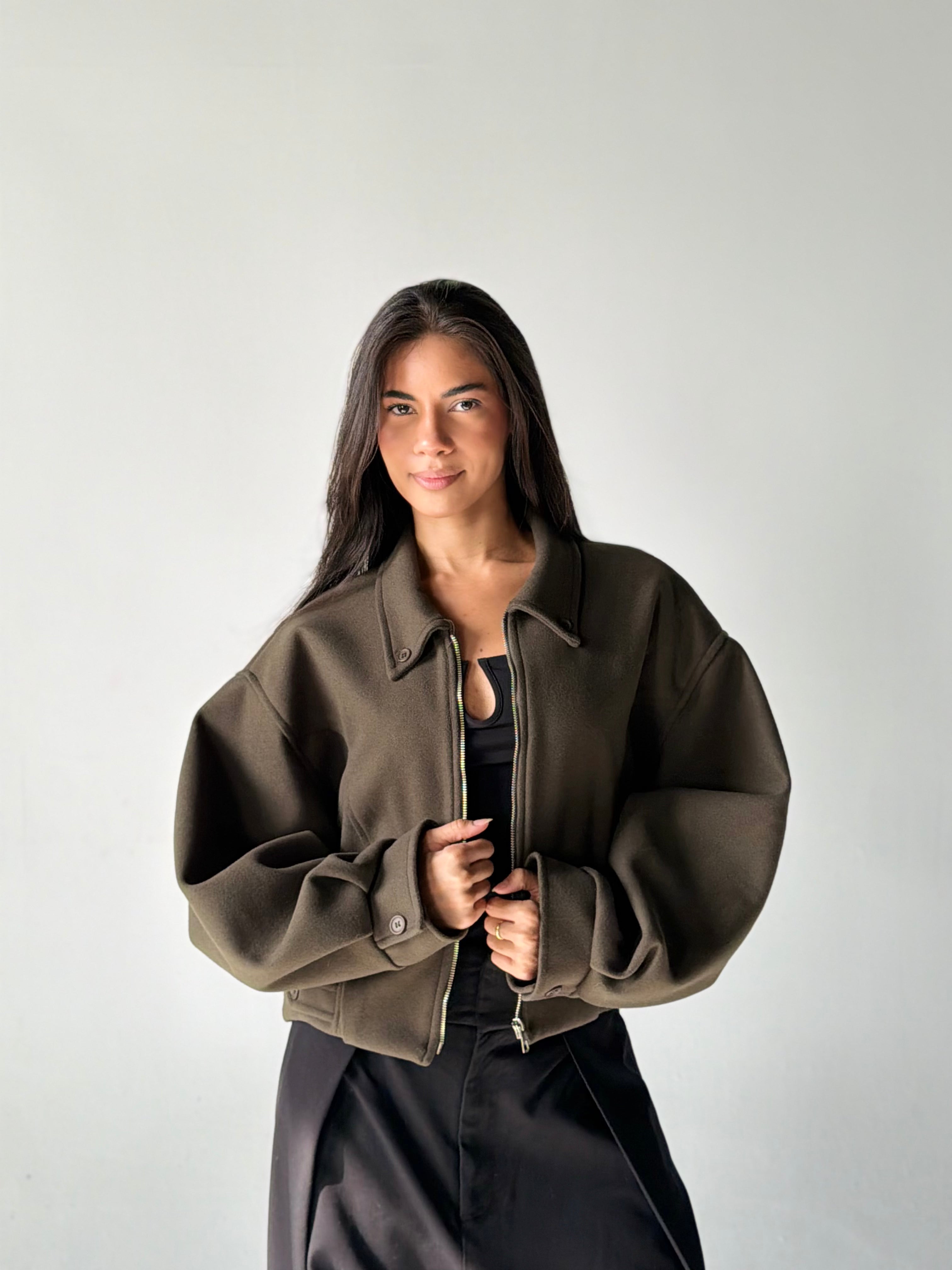 Cropped Bomber Jacket in Olive