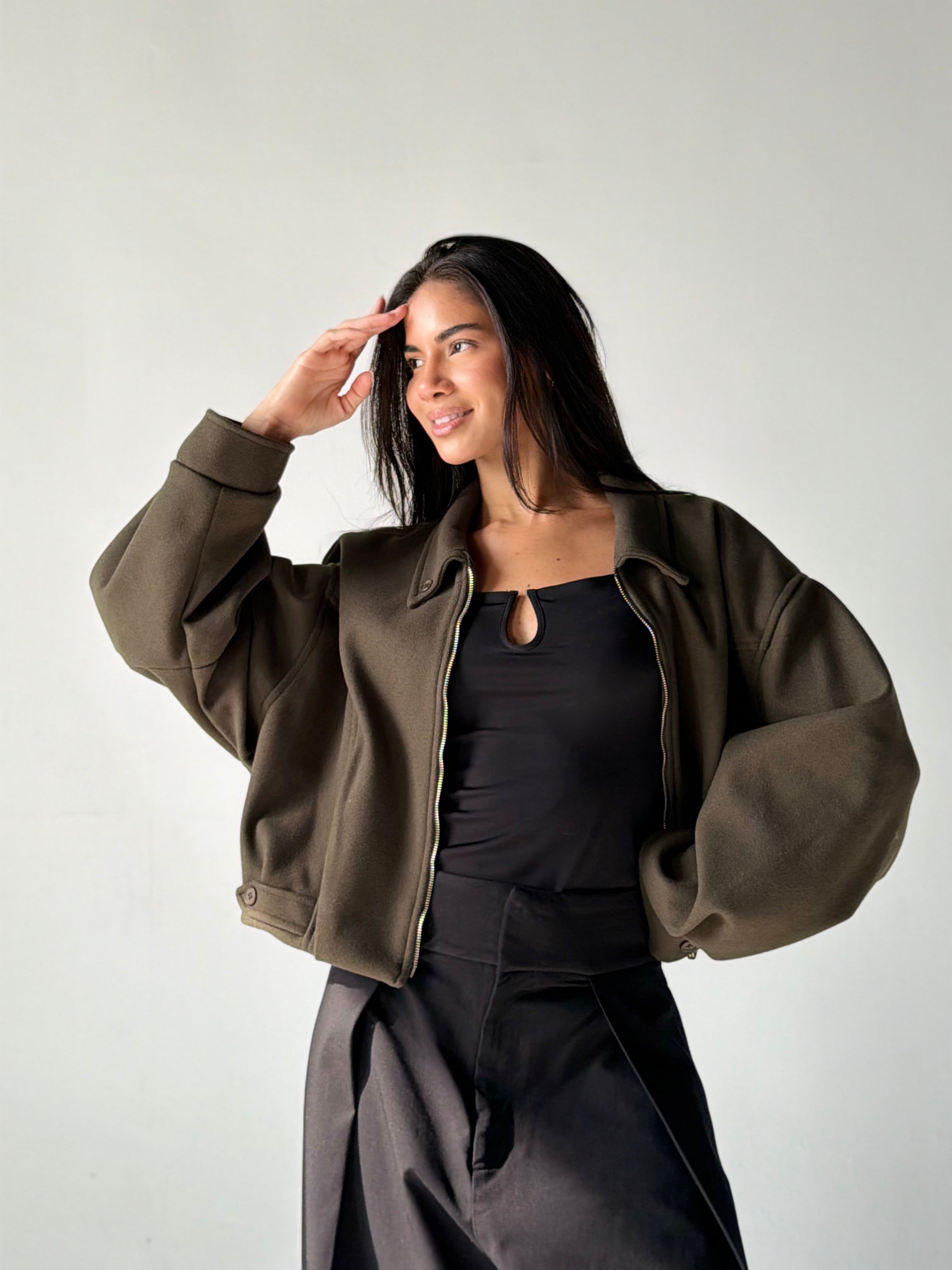 Cropped Bomber Jacket in Olive