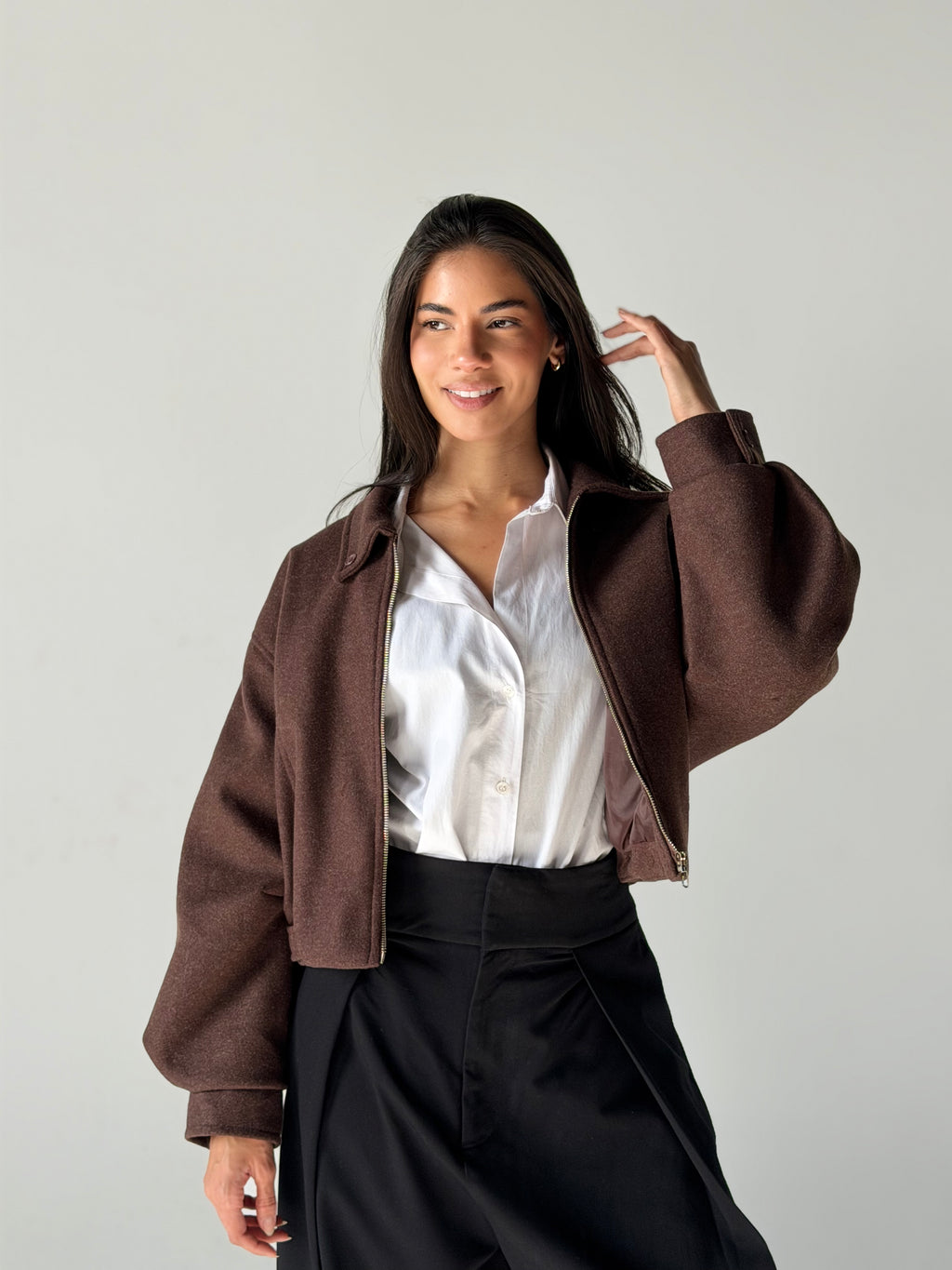 Cropped Bomber Jacket in Brown
