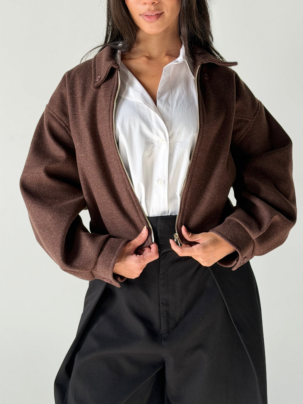 Cropped Bomber Jacket in Brown