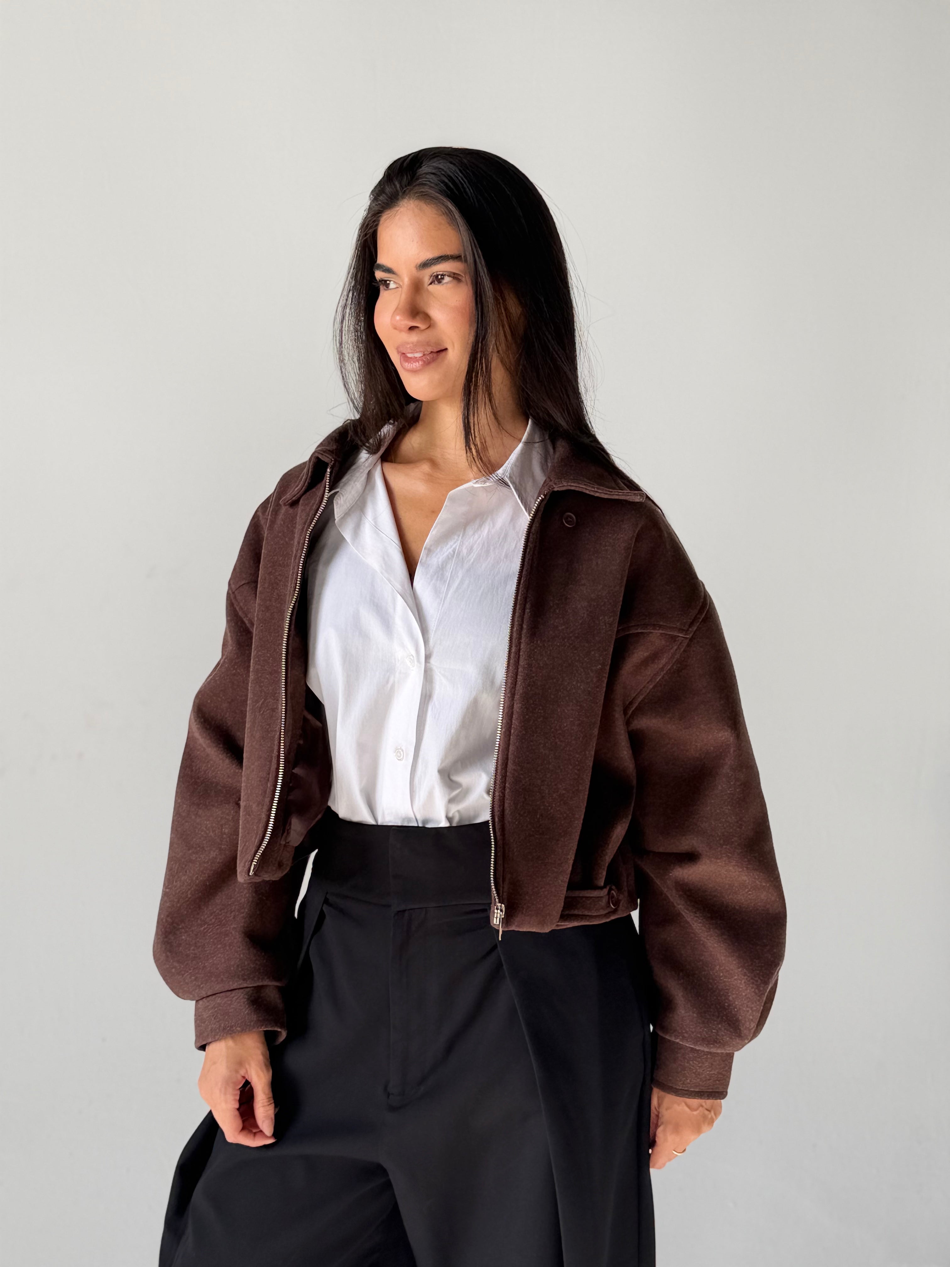 Cropped Bomber Jacket in Brown