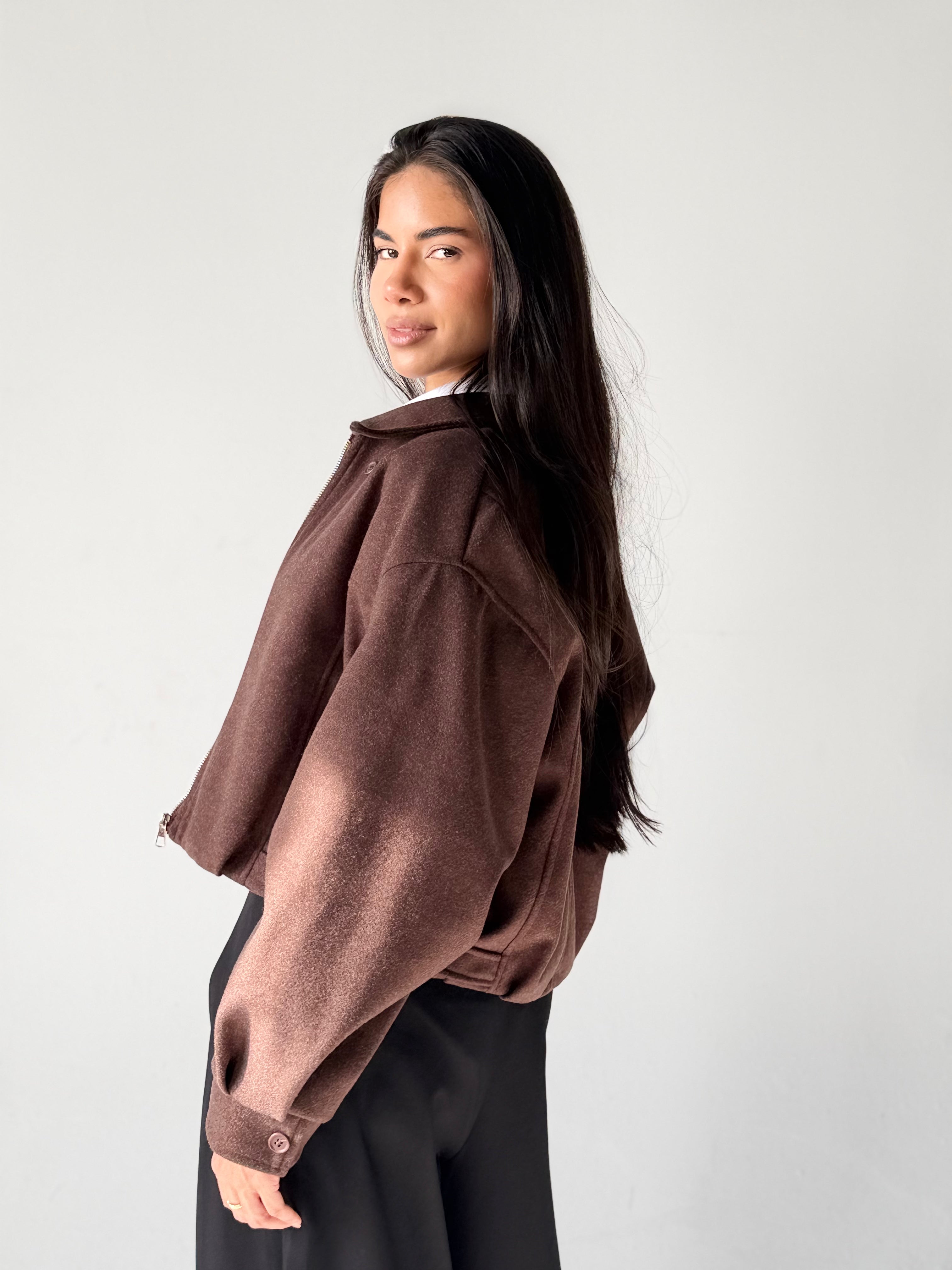 Cropped Bomber Jacket in Brown