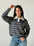 Bold Striped Polo Sweater in Dark green x Navy Blue