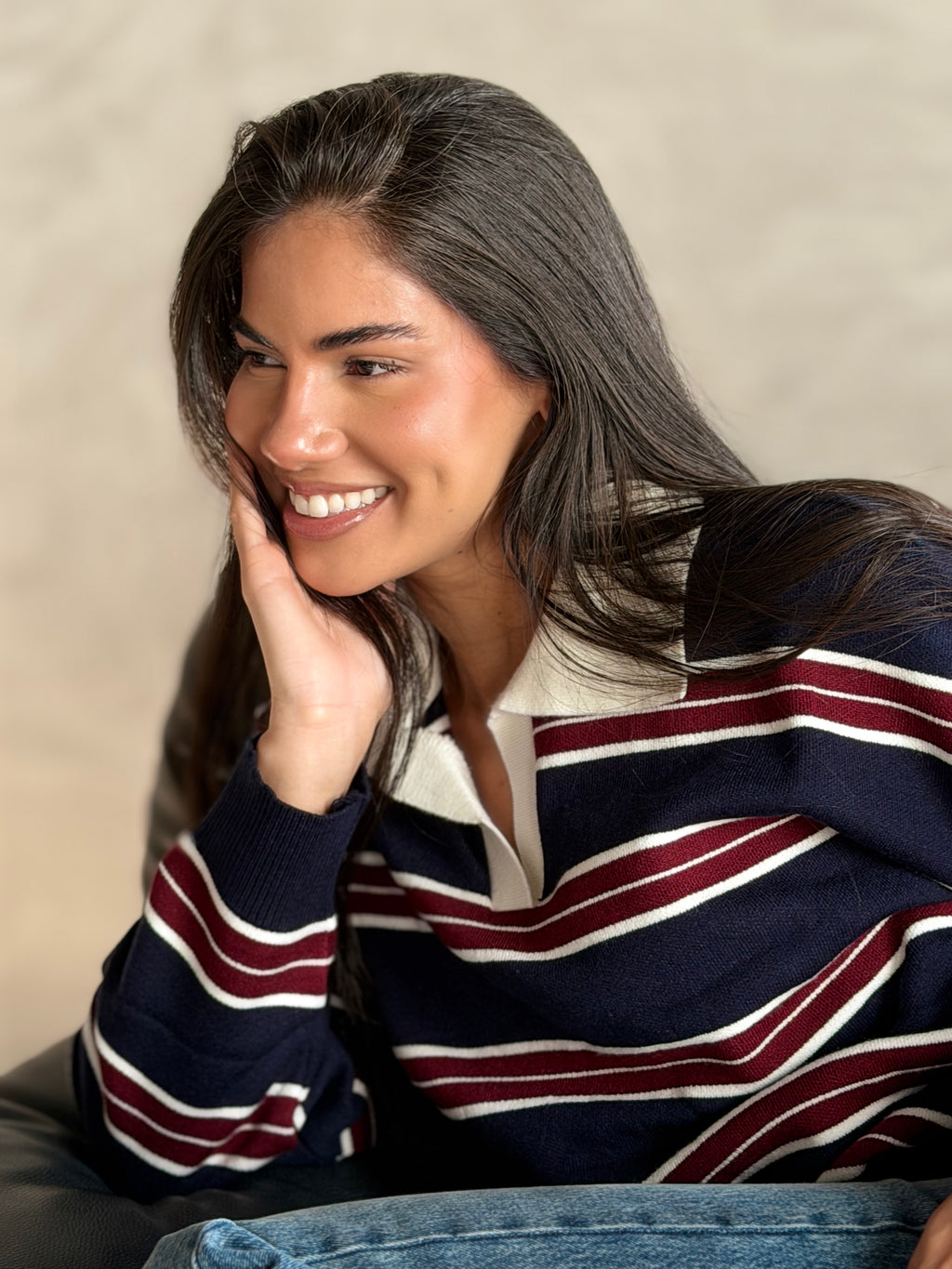 Bold Striped Polo Sweater in Navy Blue x Burgundy