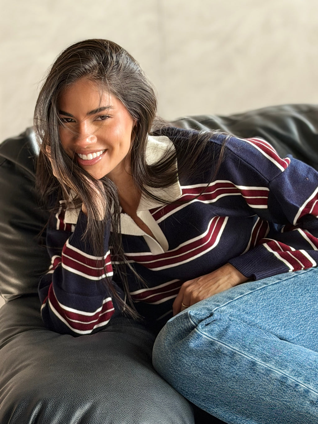 Bold Striped Polo Sweater in Navy Blue x Burgundy