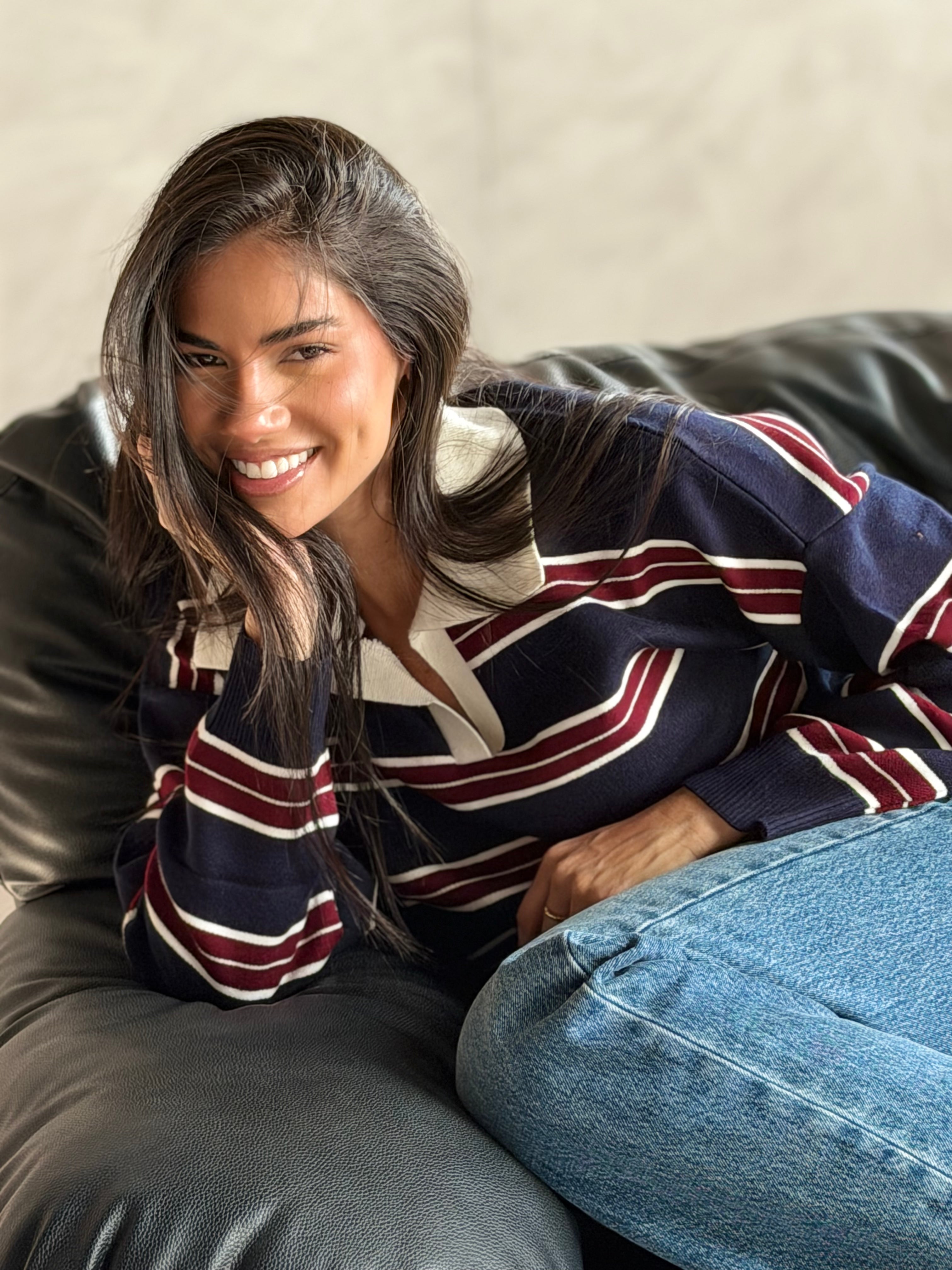 Bold Striped Polo Sweater in Navy Blue x Burgundy