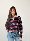 Bold Striped Polo Sweater in Navy Blue x Burgundy