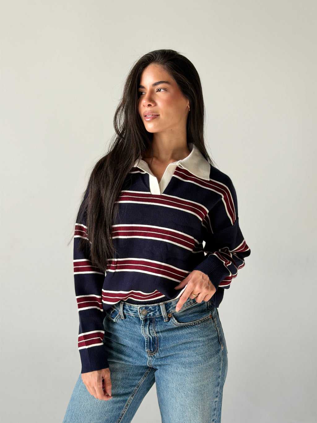 Bold Striped Polo Sweater in Navy Blue x Burgundy