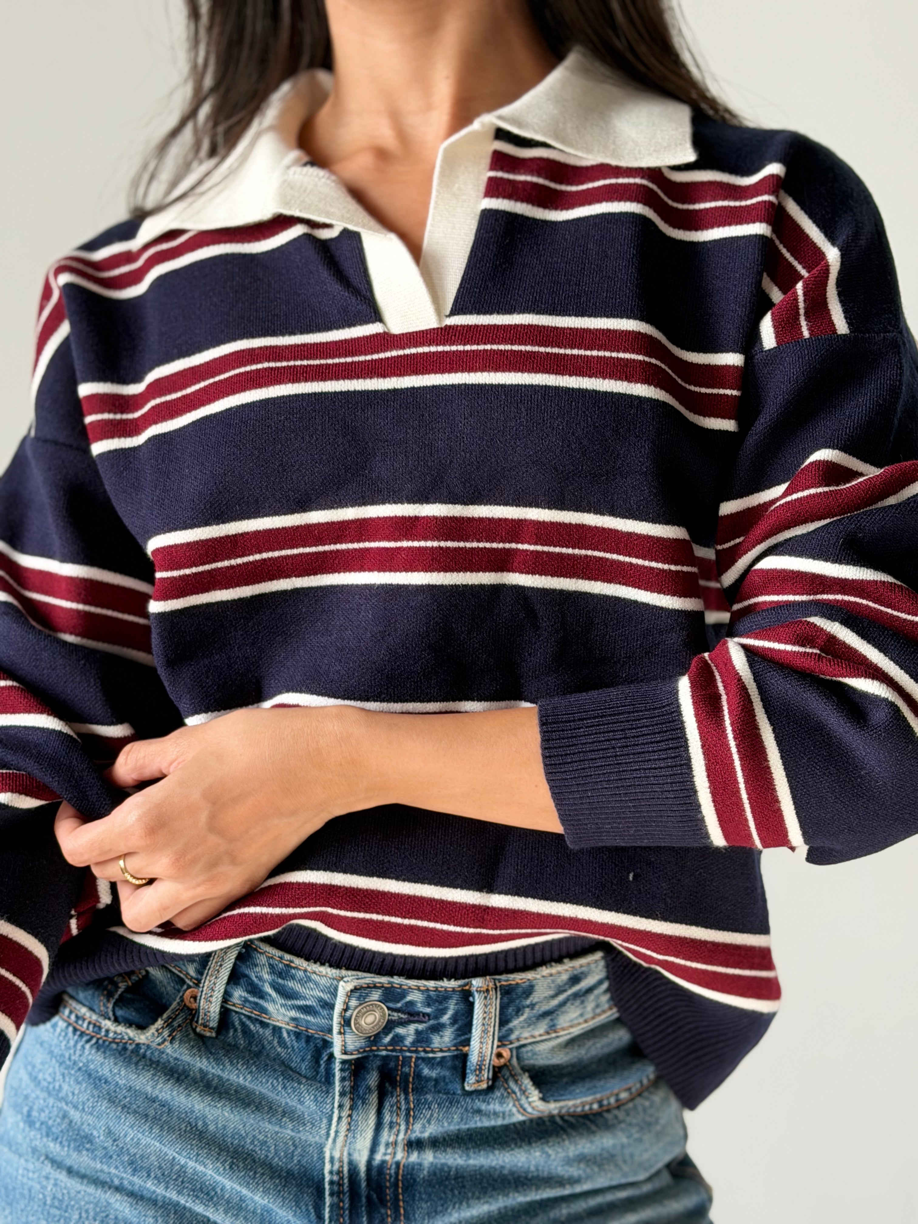 Bold Striped Polo Sweater in Navy Blue x Burgundy