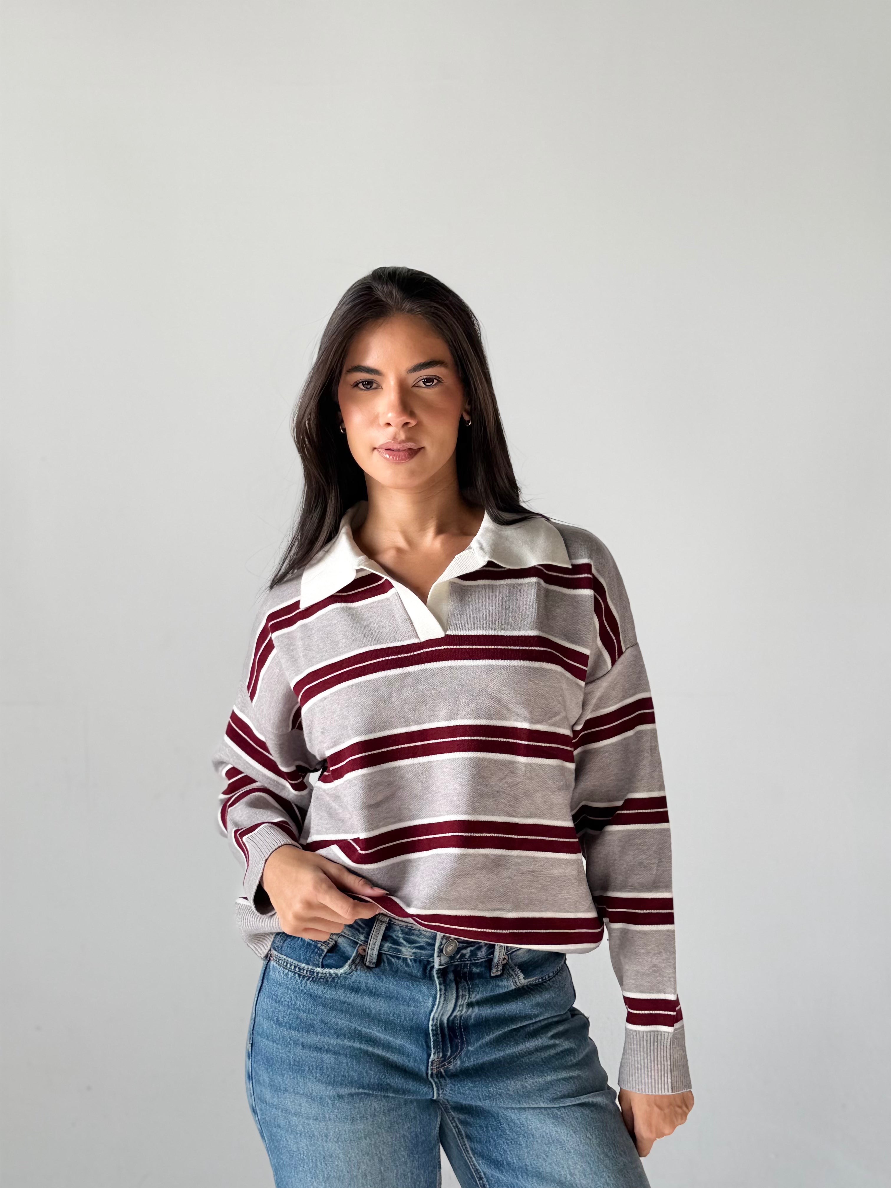 Bold Striped Polo Sweater in Grey x Burgundy