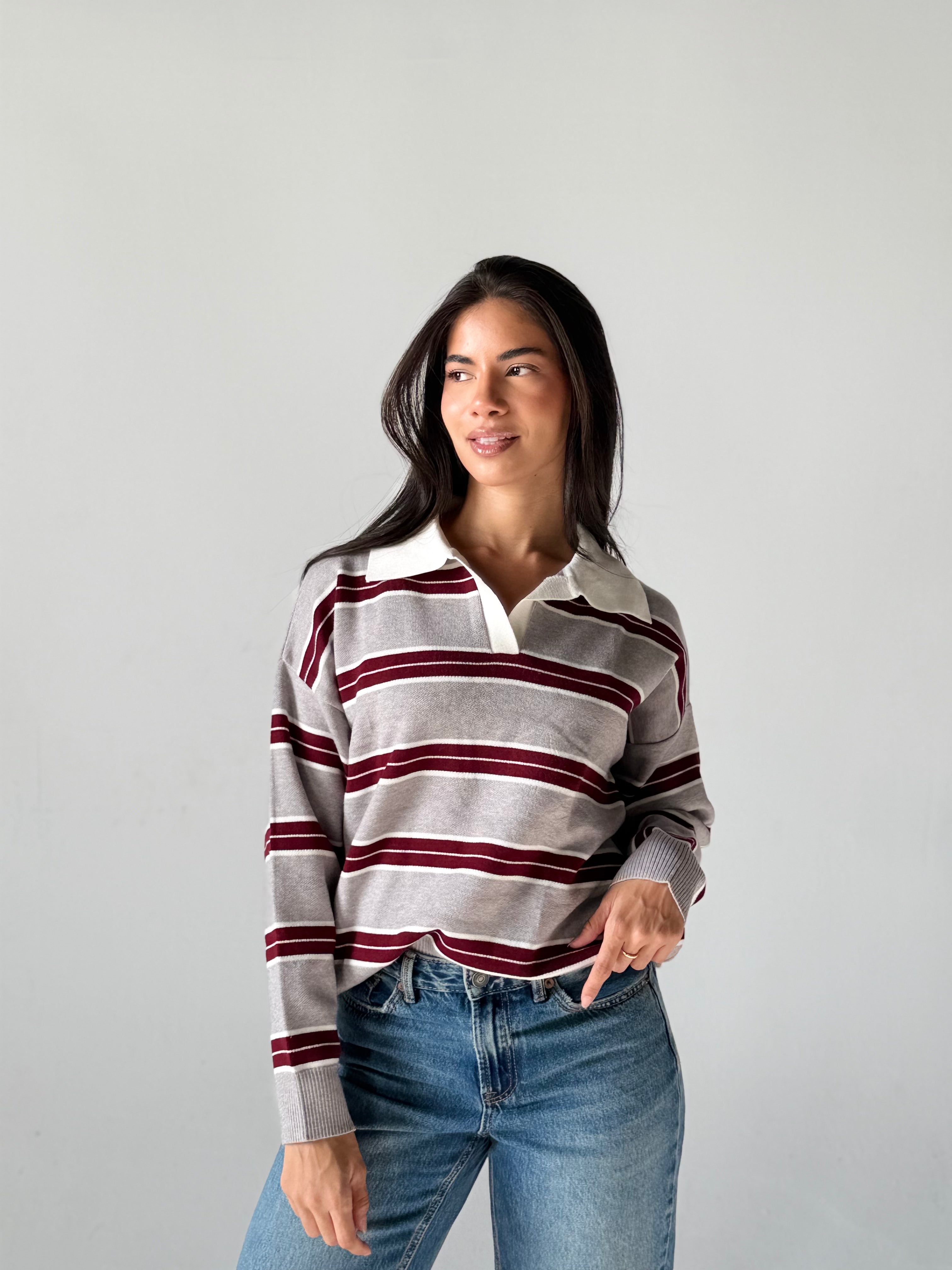 Bold Striped Polo Sweater in Grey x Burgundy