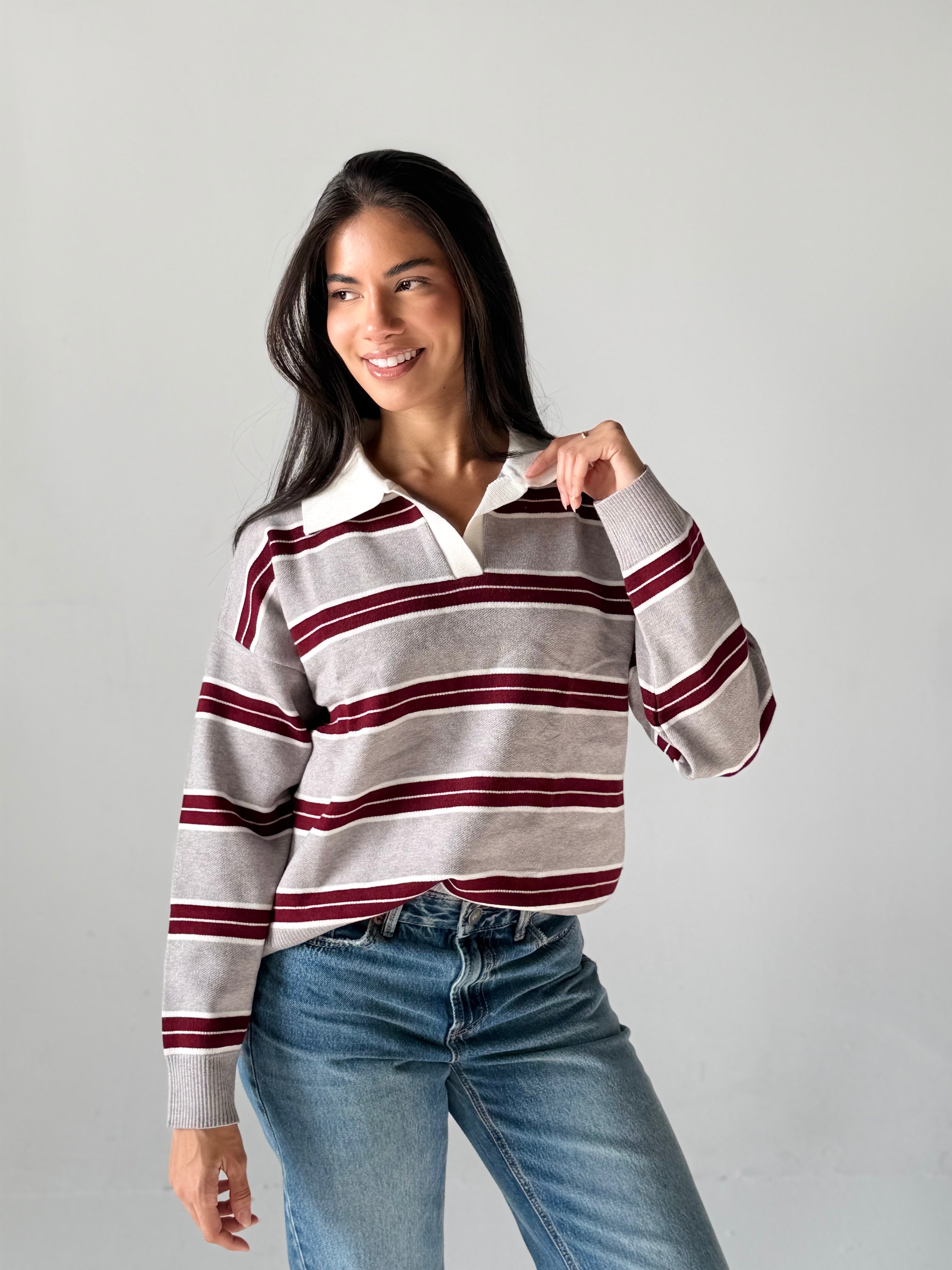 Bold Striped Polo Sweater in Grey x Burgundy