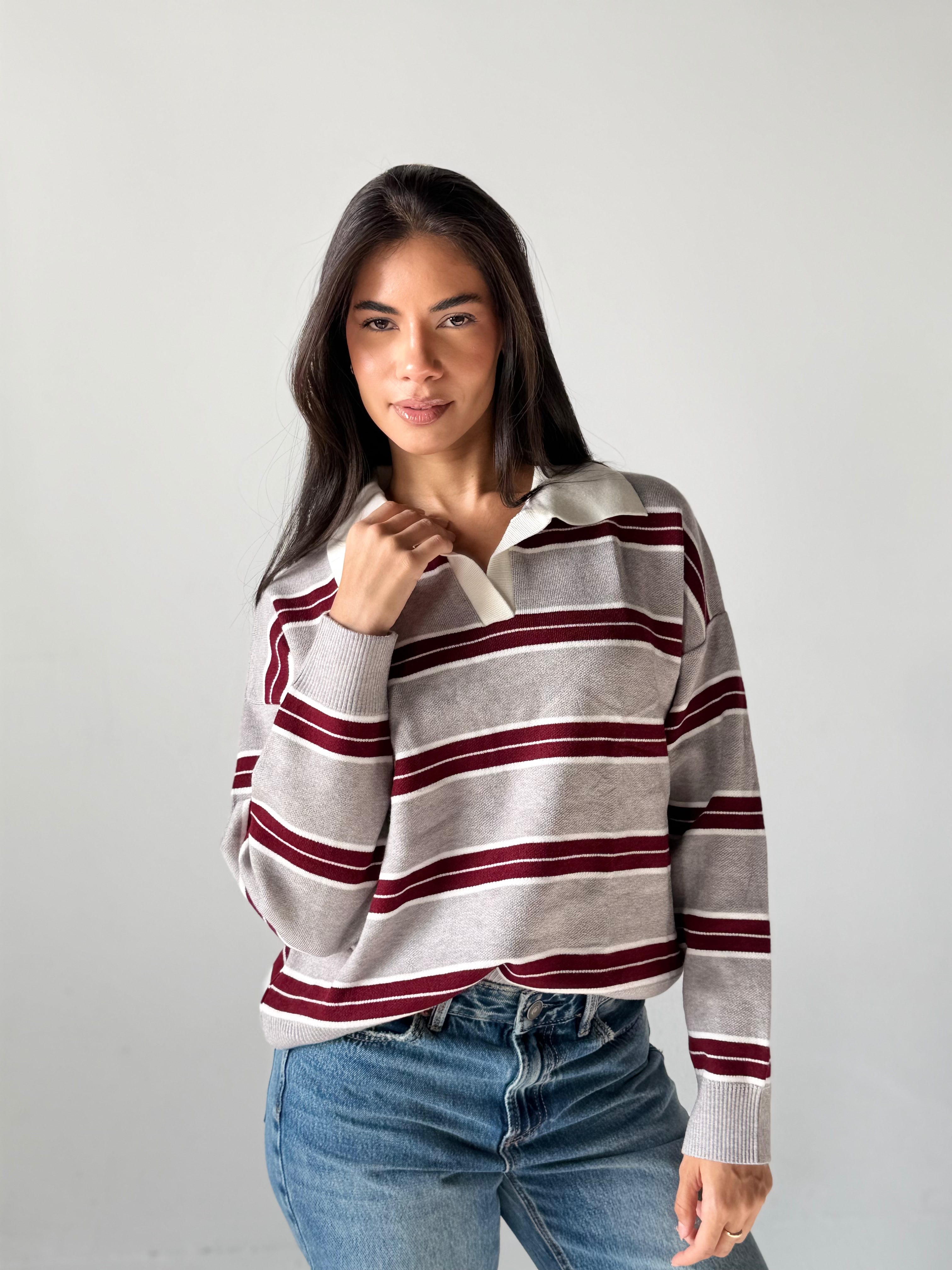 Bold Striped Polo Sweater in Grey x Burgundy