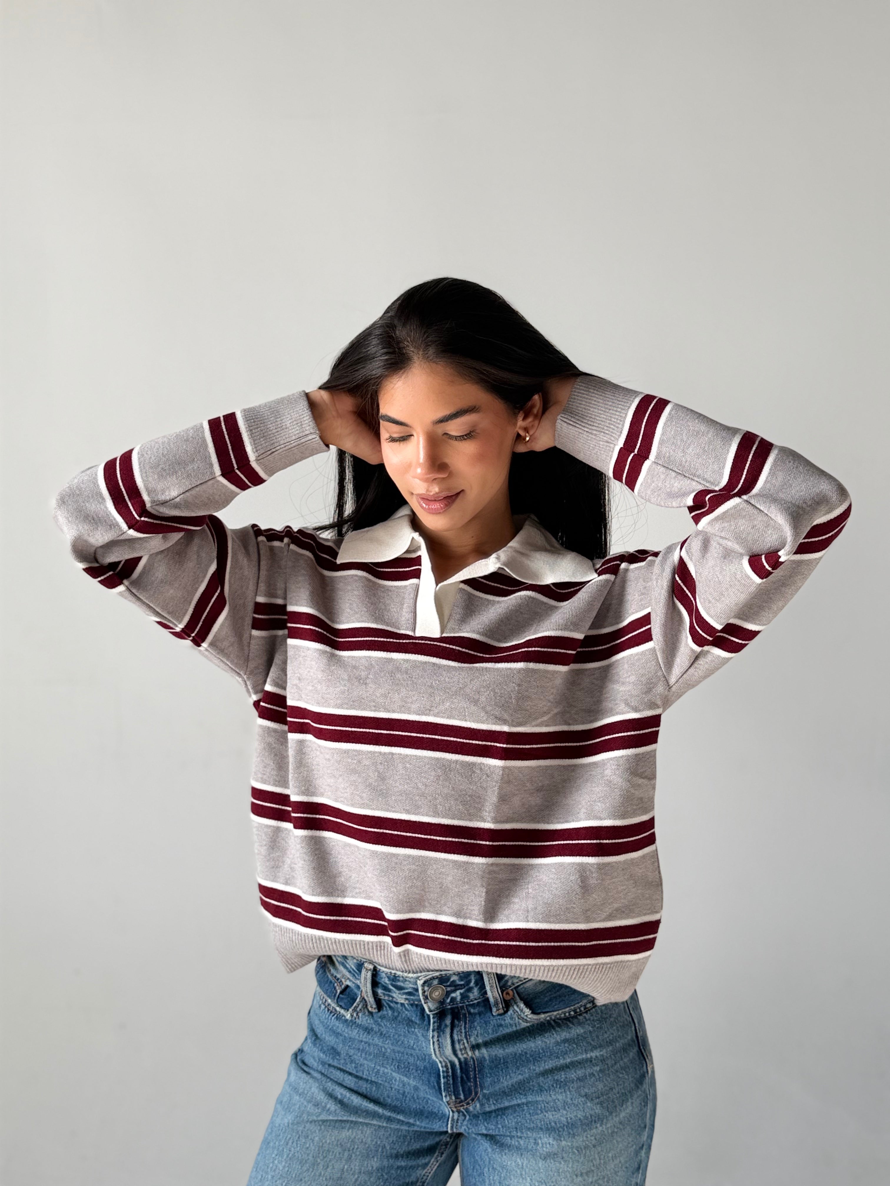 Bold Striped Polo Sweater in Grey x Burgundy