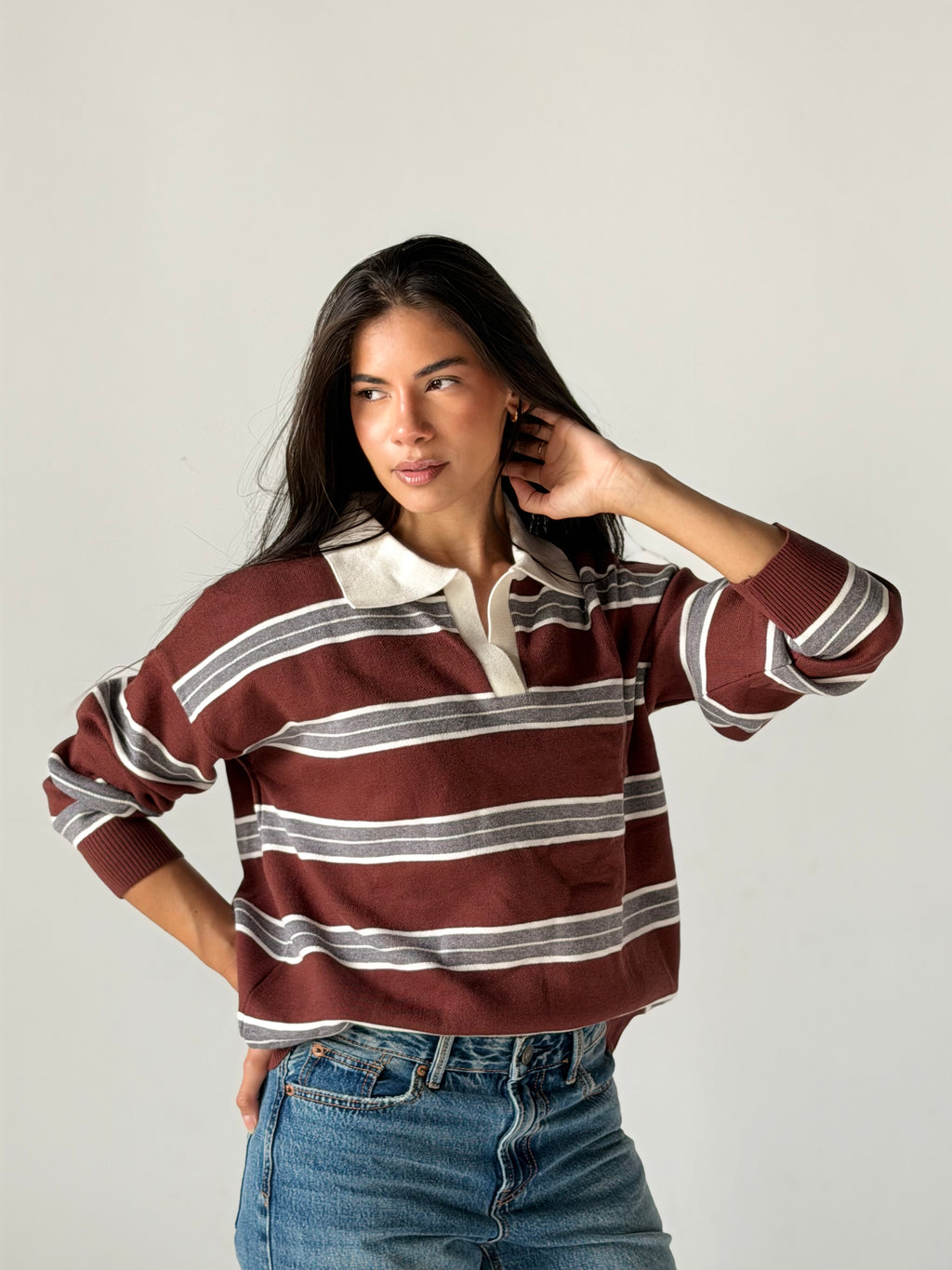 Bold Striped Polo Sweater in Brown x Grey