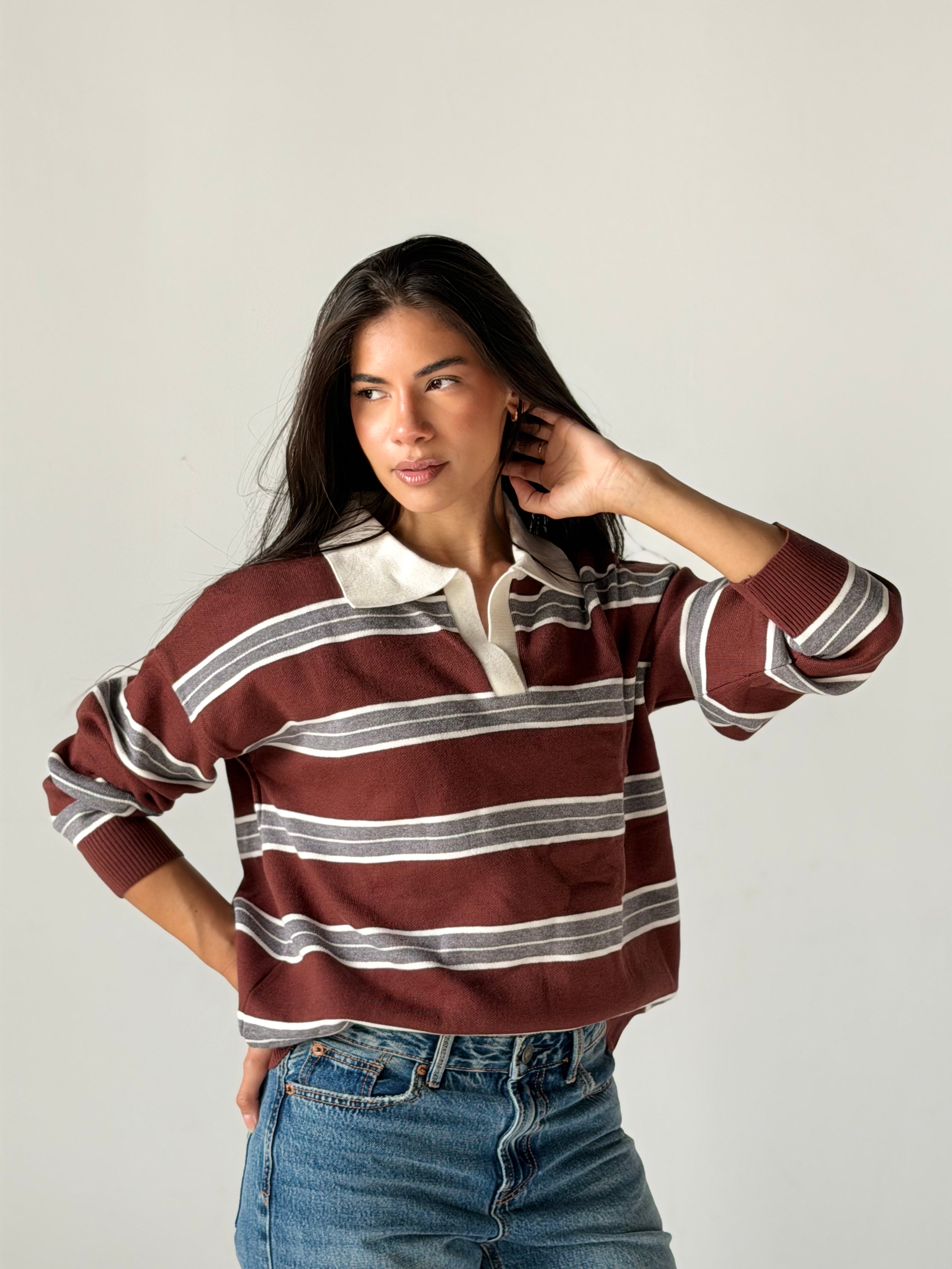 Bold Striped Polo Sweater in Brown x Grey