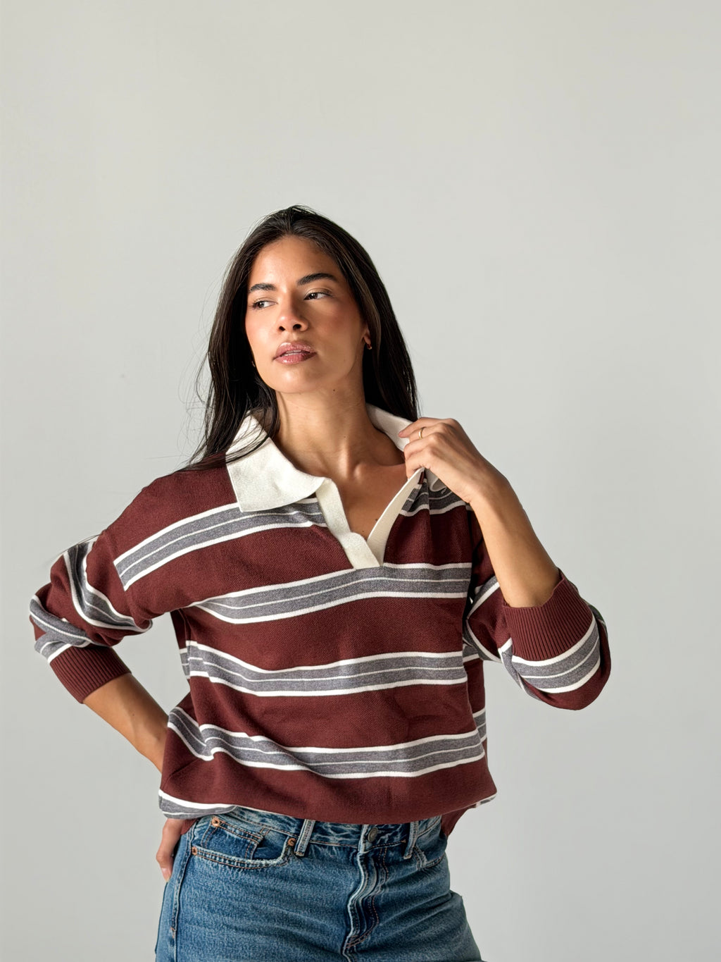 Bold Striped Polo Sweater in Brown x Grey