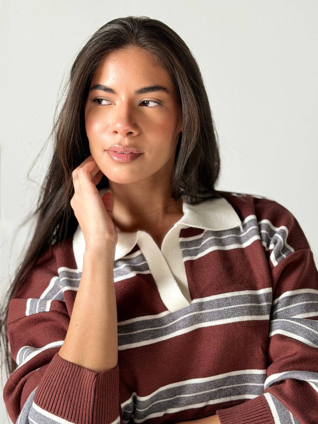 Bold Striped Polo Sweater in Brown x Grey