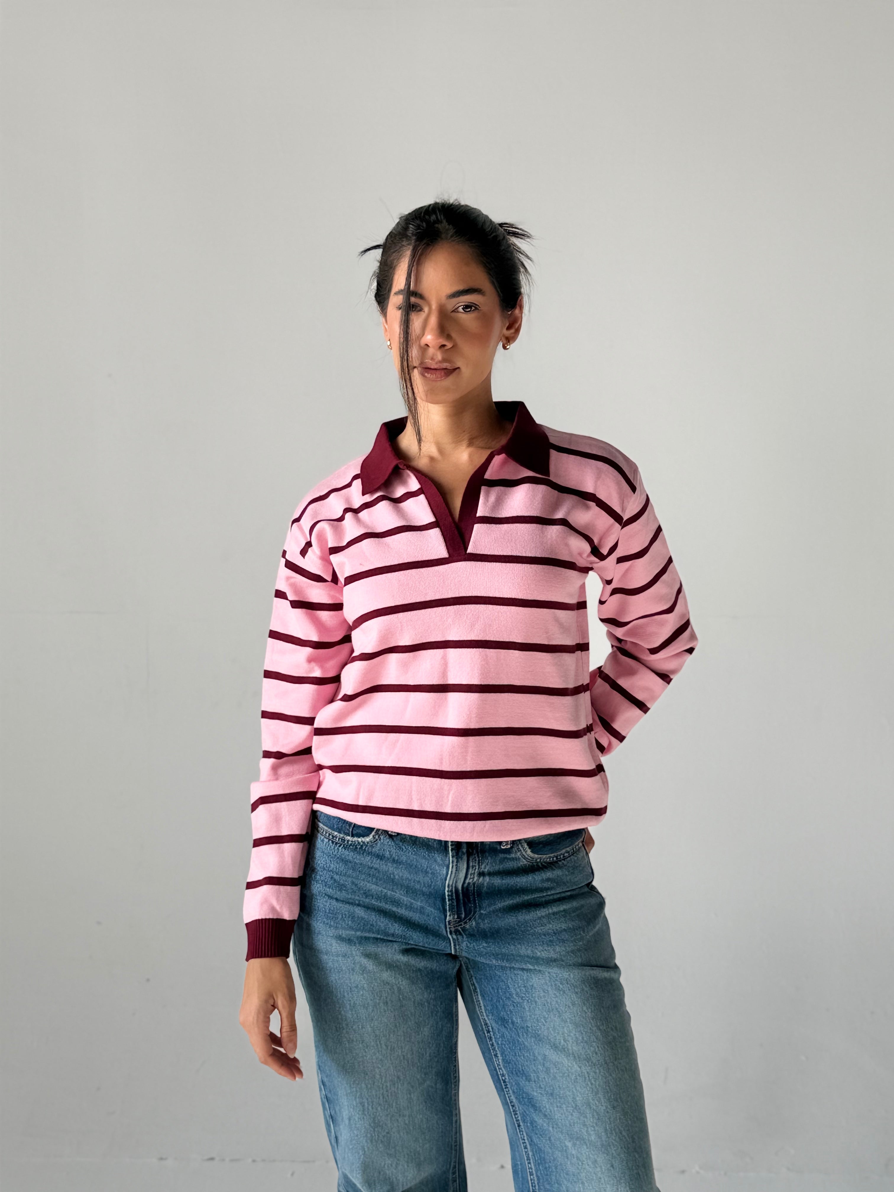 Fine Striped Knit Polo in Pink x Burgundy
