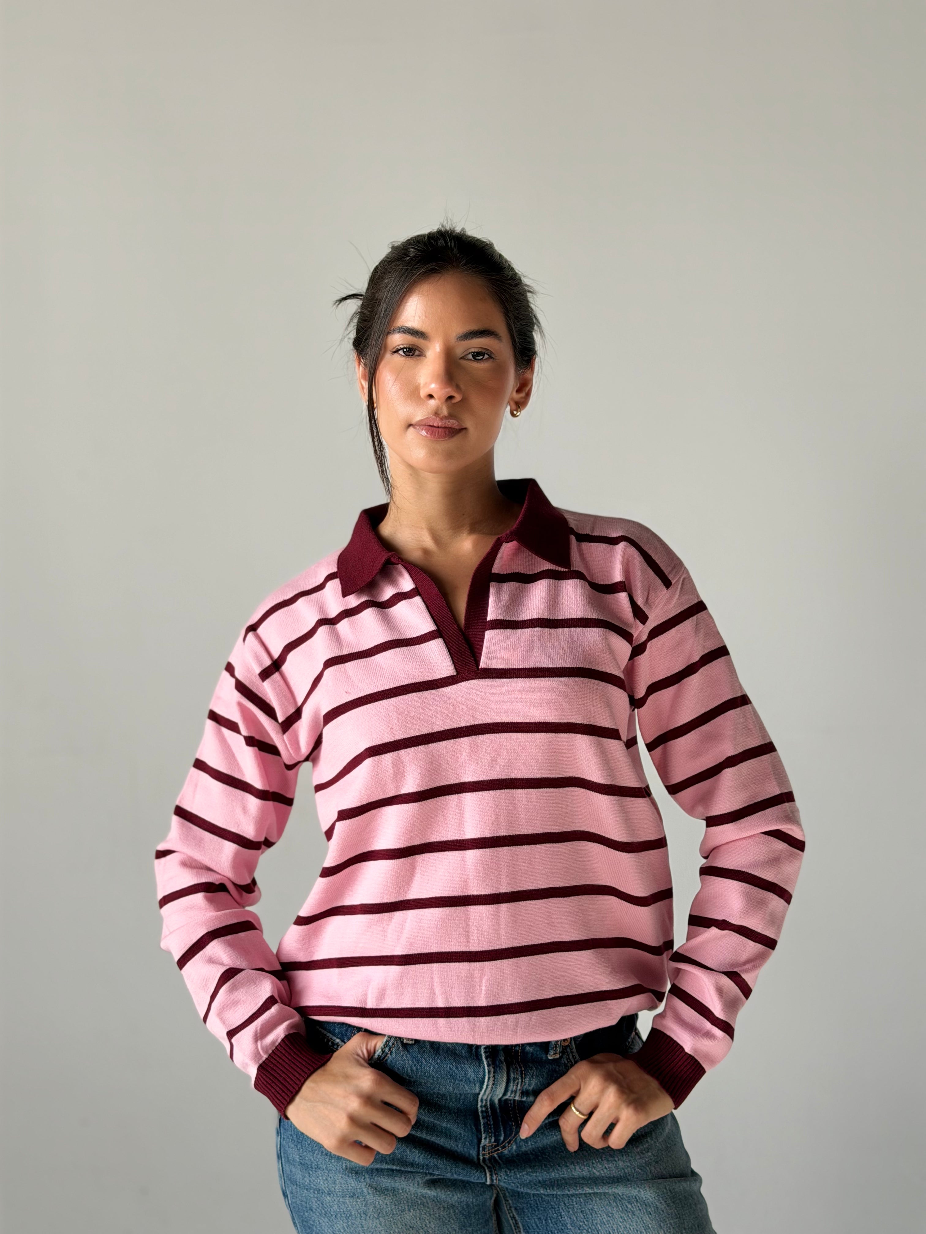 Fine Striped Knit Polo in Pink x Burgundy