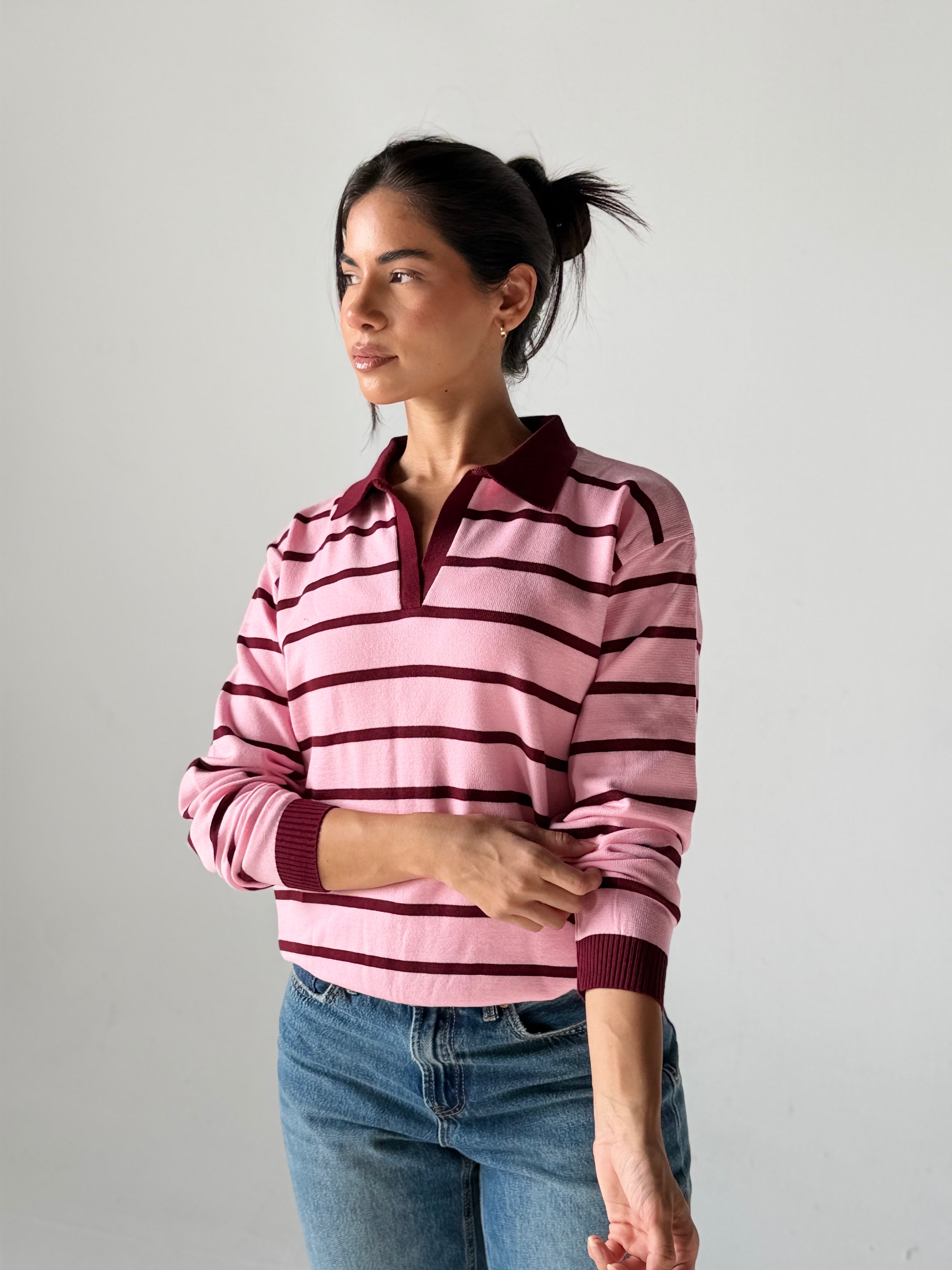 Fine Striped Knit Polo in Pink x Burgundy