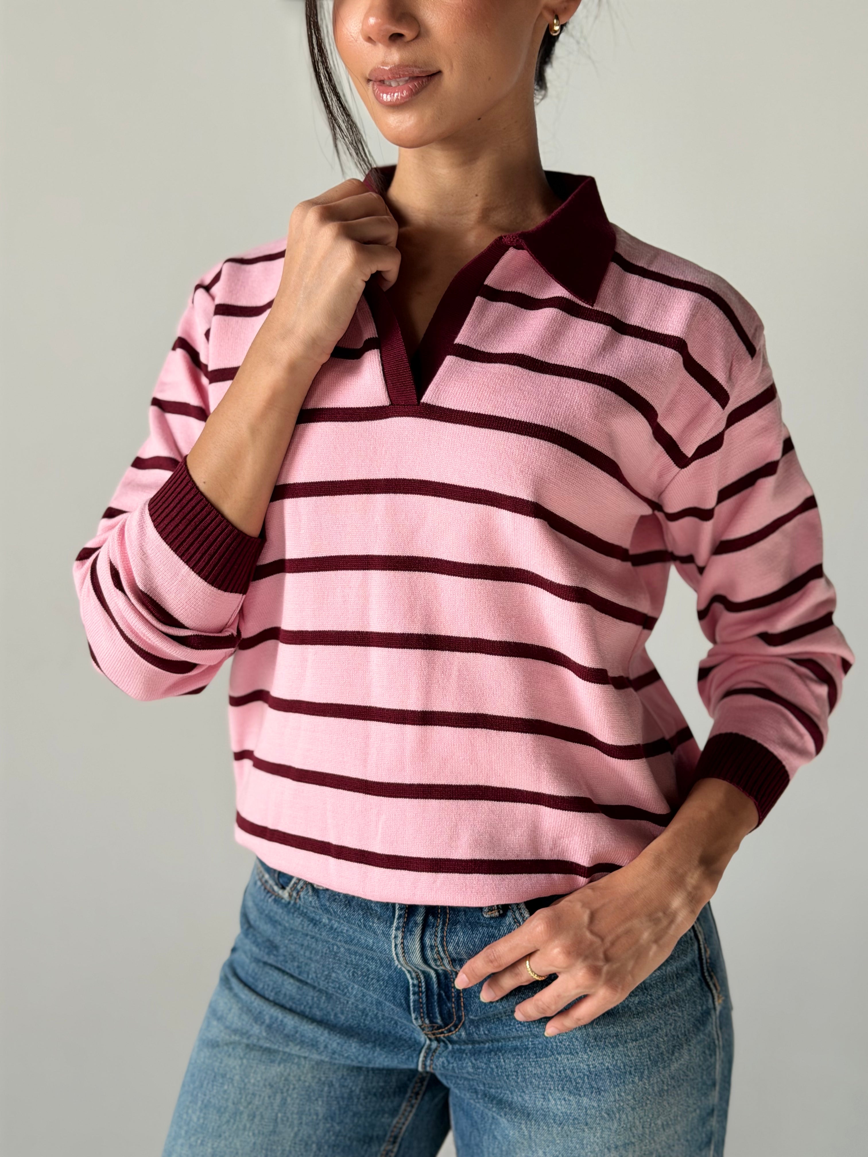 Fine Striped Knit Polo in Pink x Burgundy
