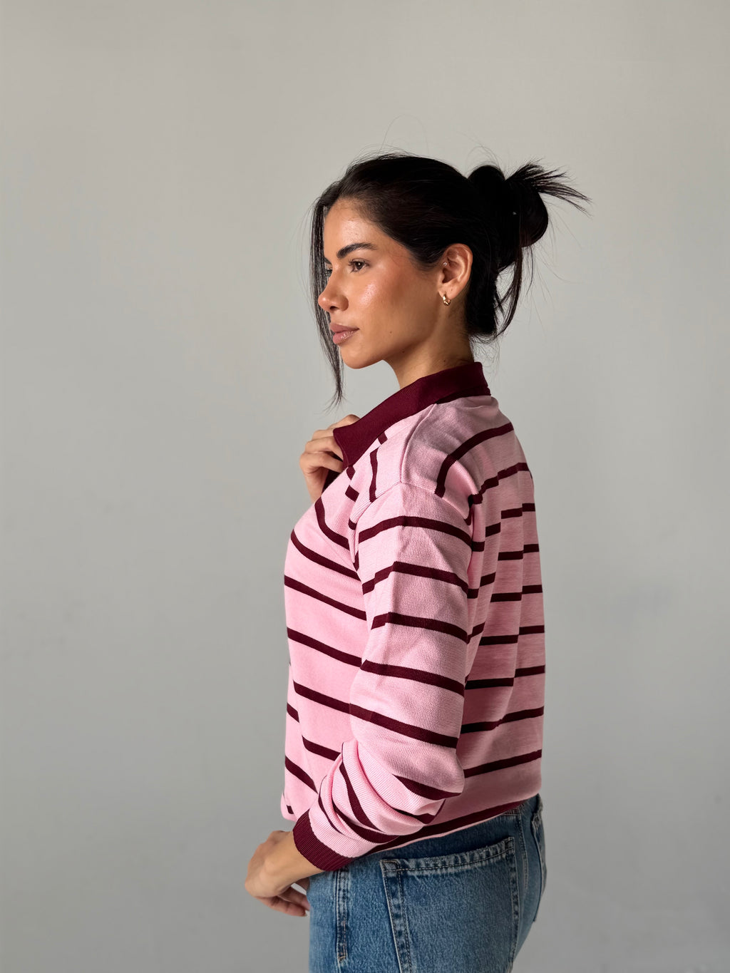 Fine Striped Knit Polo in Pink x Burgundy