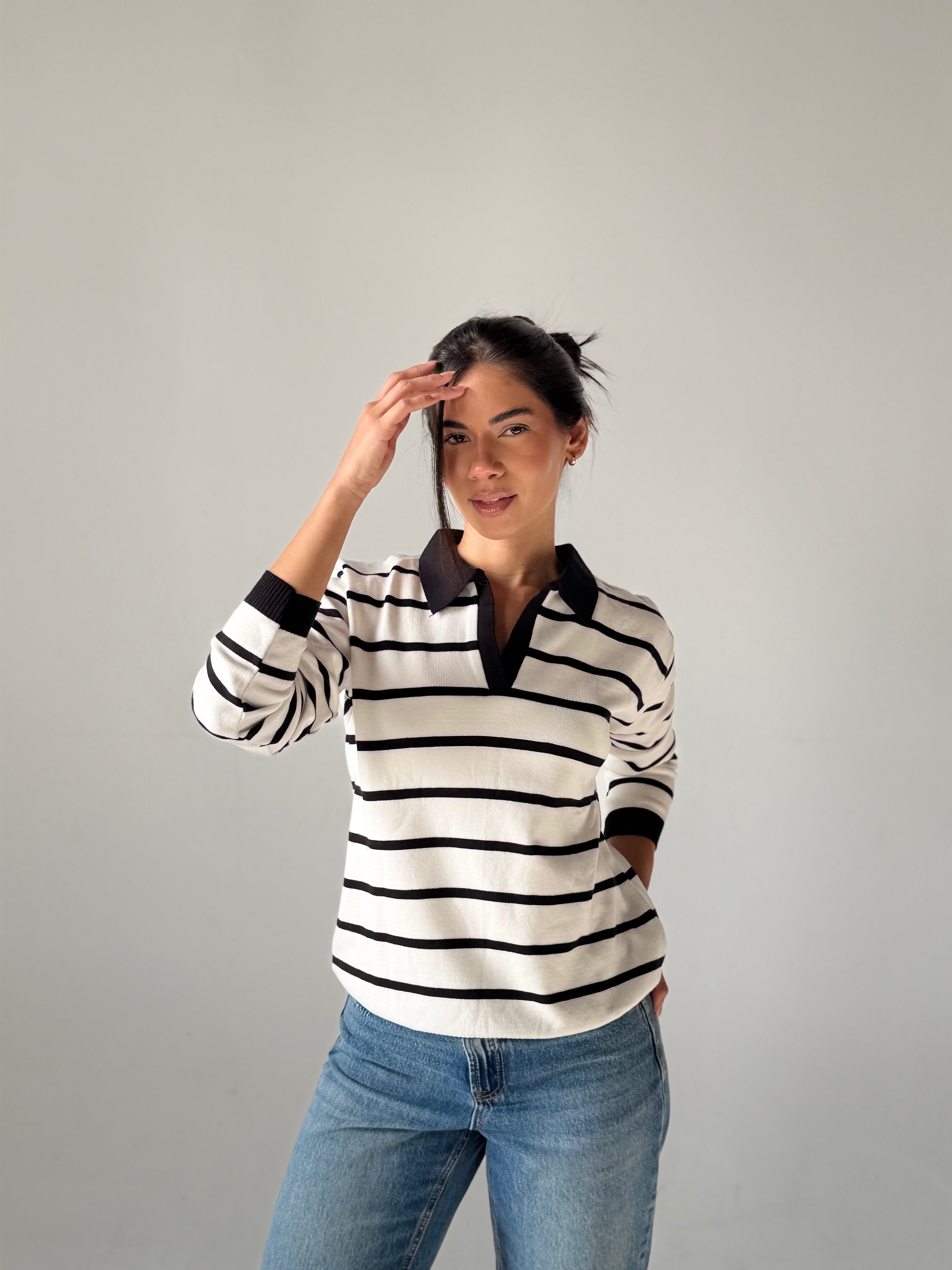 Fine Striped Knit Polo in White x Black