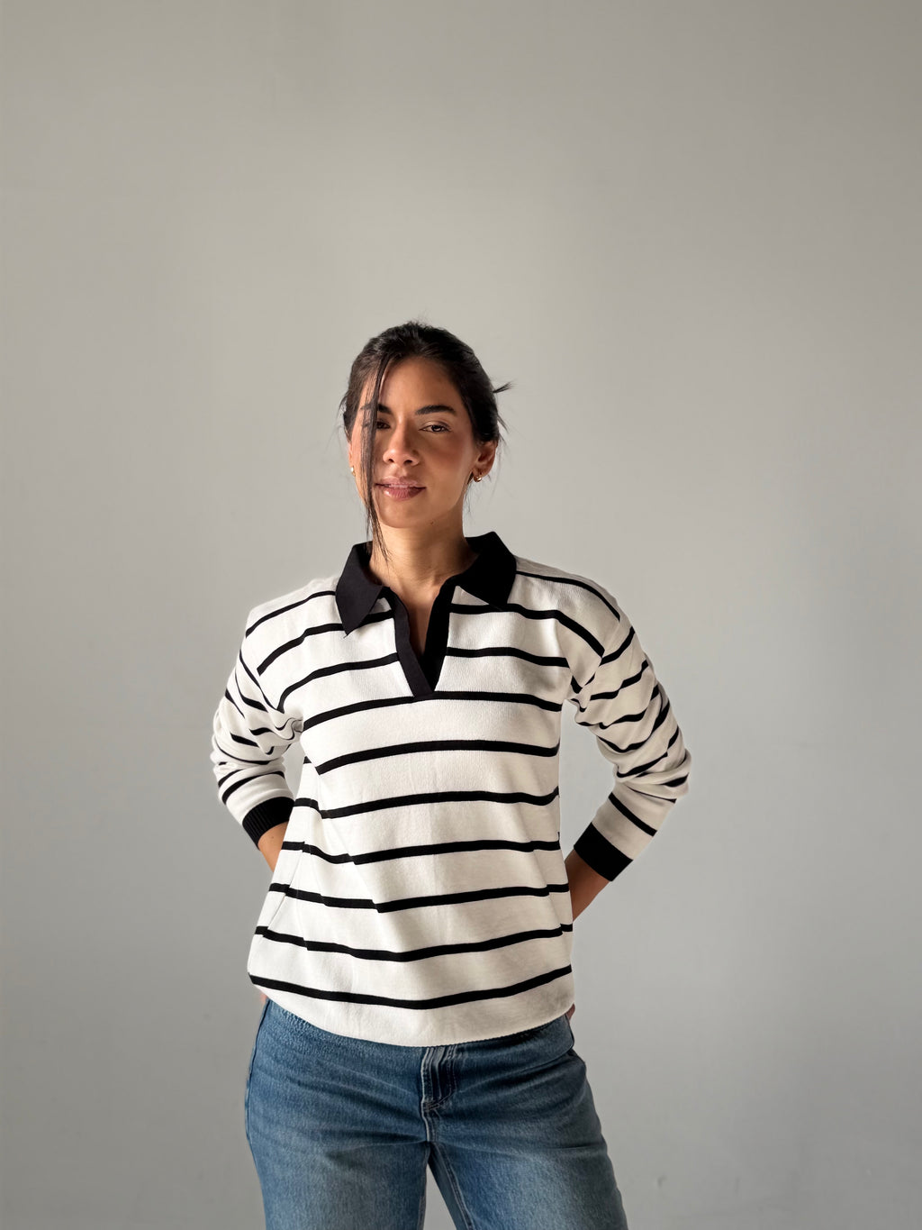 Fine Striped Knit Polo in White x Black