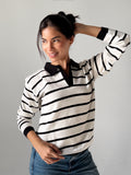 Fine Striped Knit Polo in White x Black