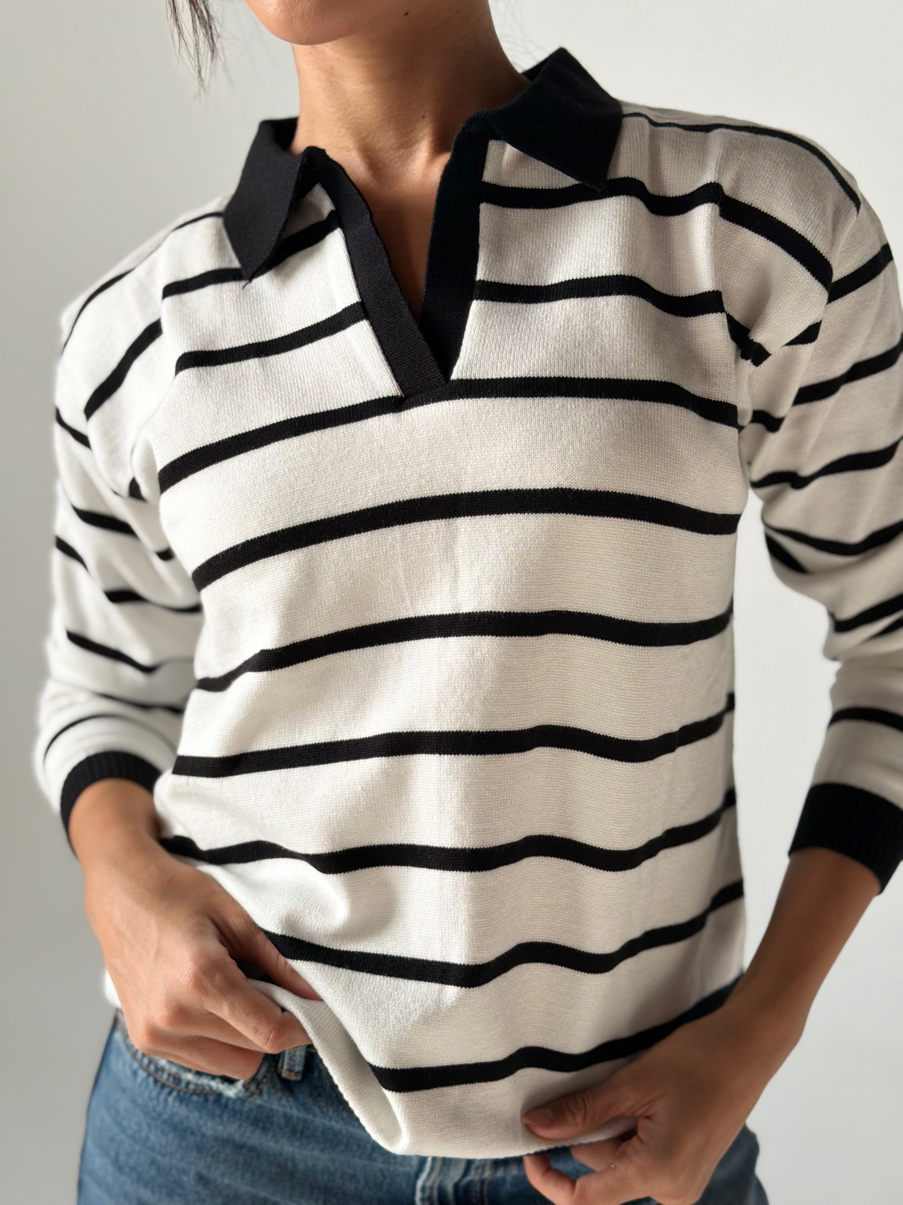 Fine Striped Knit Polo in White x Black