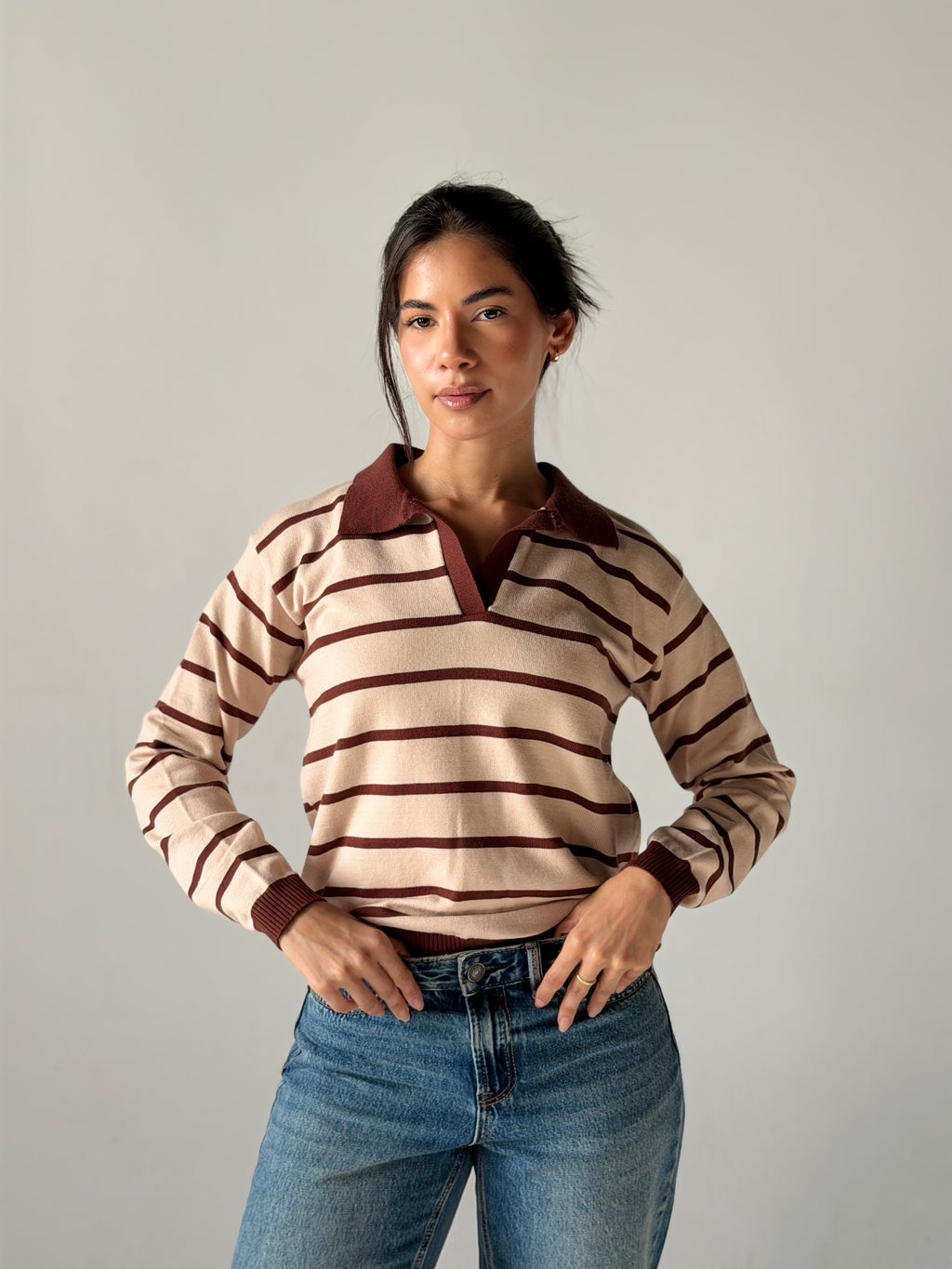 Fine Striped Knit Polo in Beige x Brown