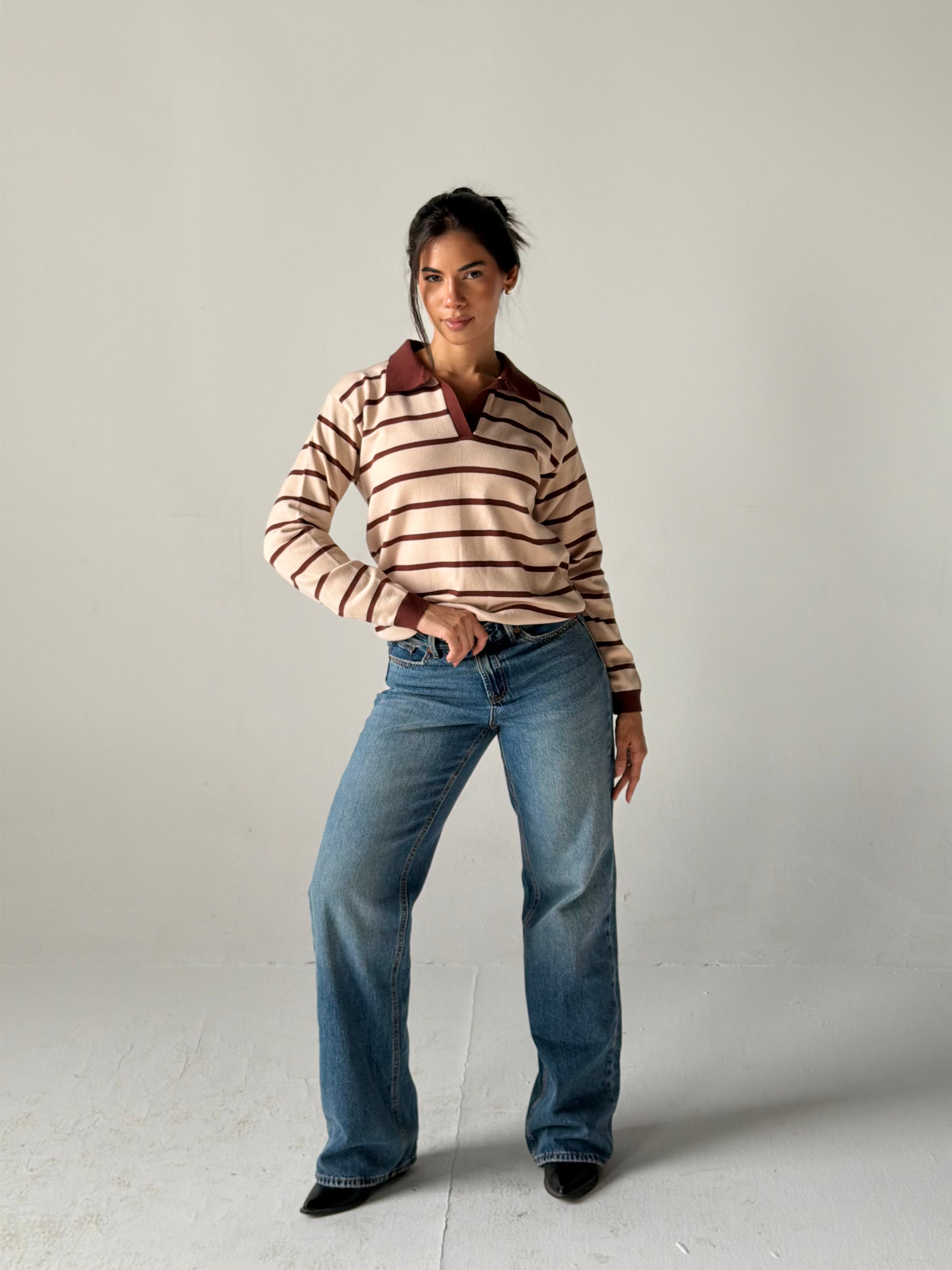 Fine Striped Knit Polo in Beige x Brown