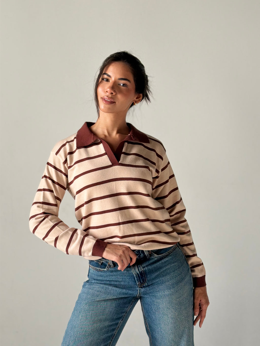 Fine Striped Knit Polo in Beige x Brown