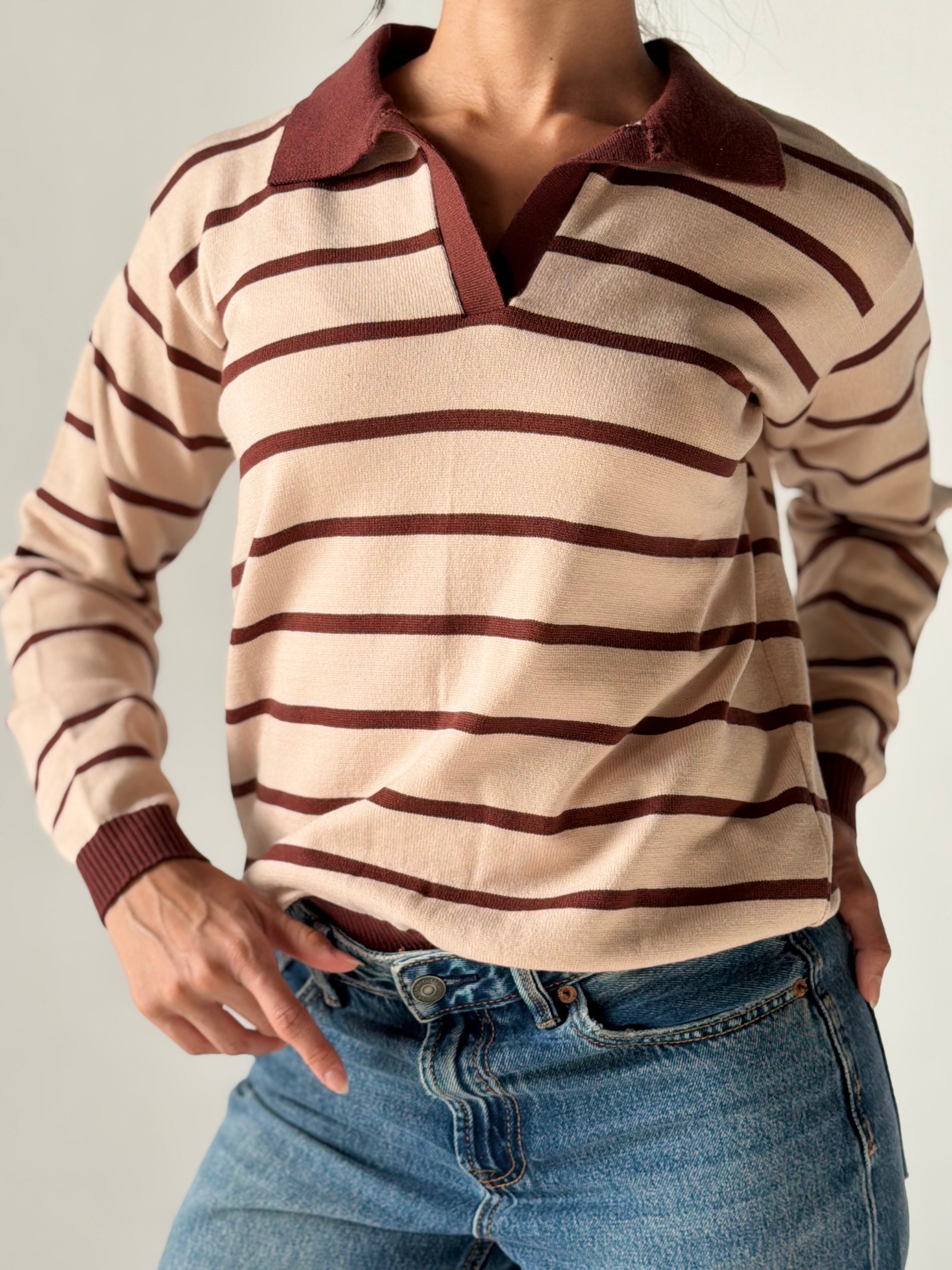 Fine Striped Knit Polo in Beige x Brown