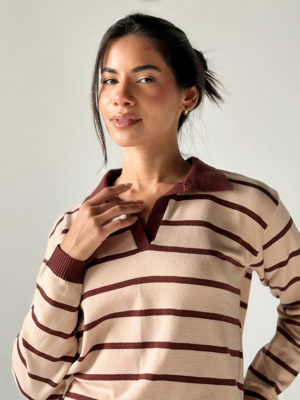 Fine Striped Knit Polo in Beige x Brown