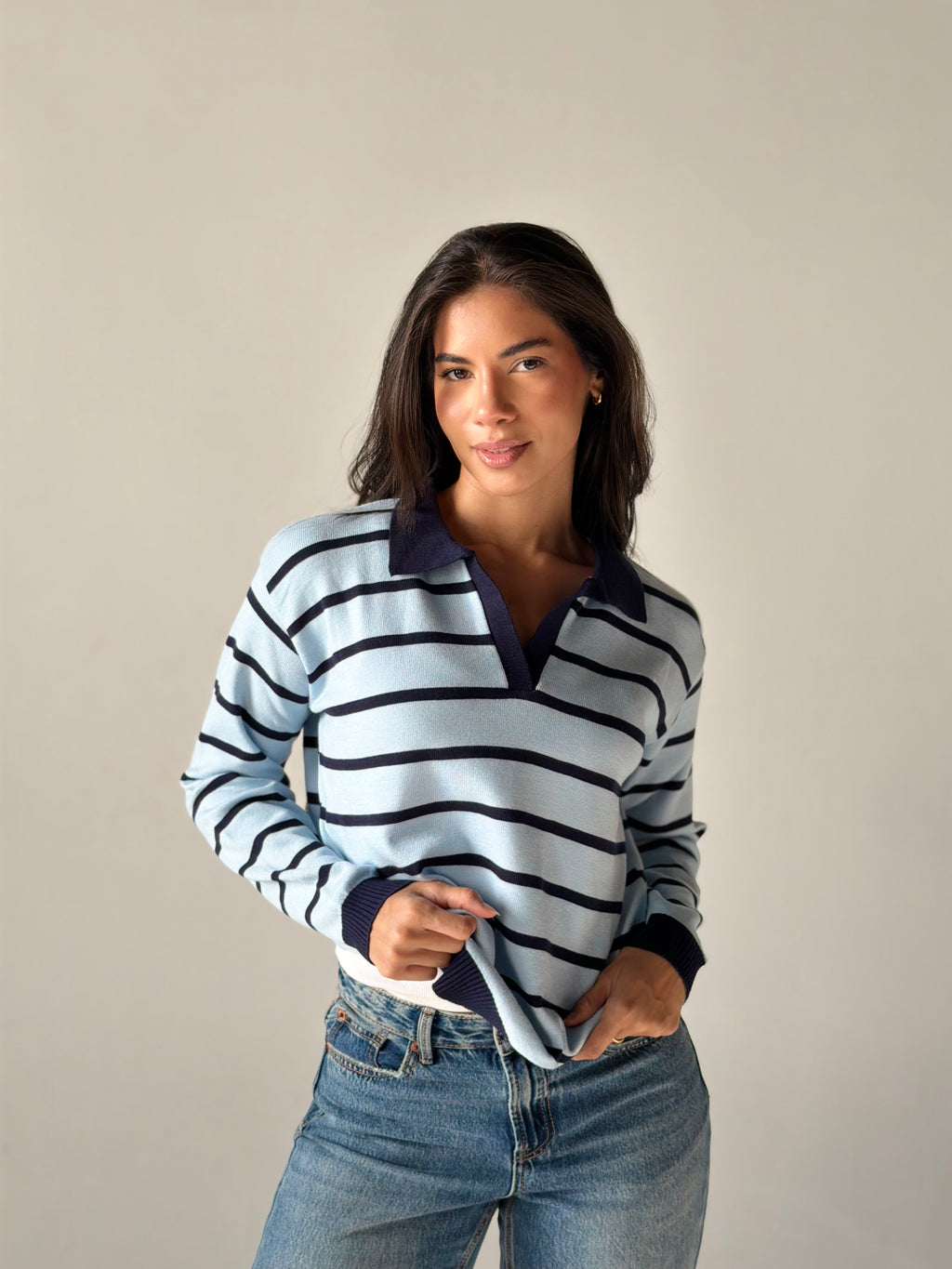 Fine Striped Knit Polo in Baby Blue x Navy