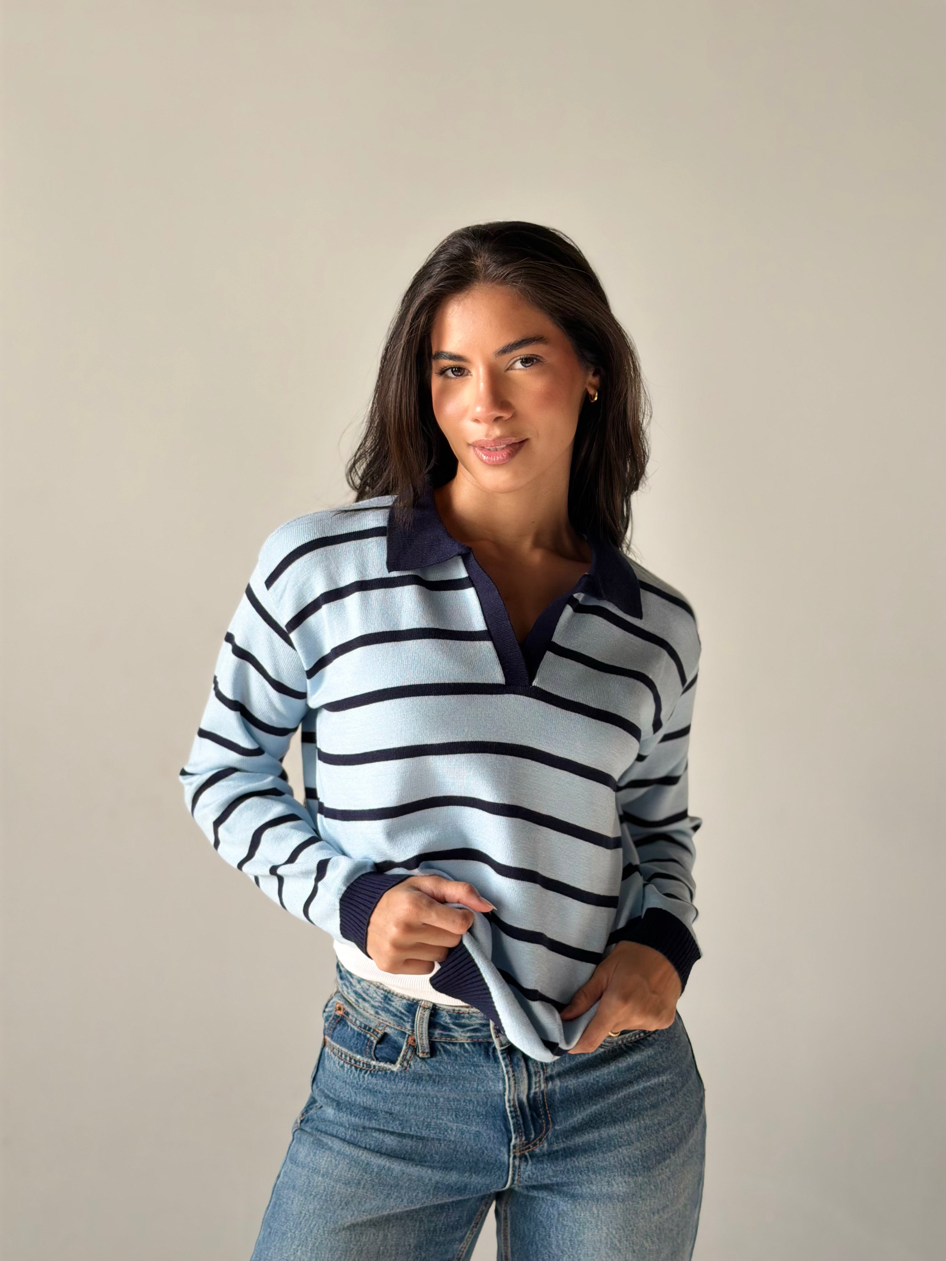 Fine Striped Knit Polo in Baby Blue x Navy