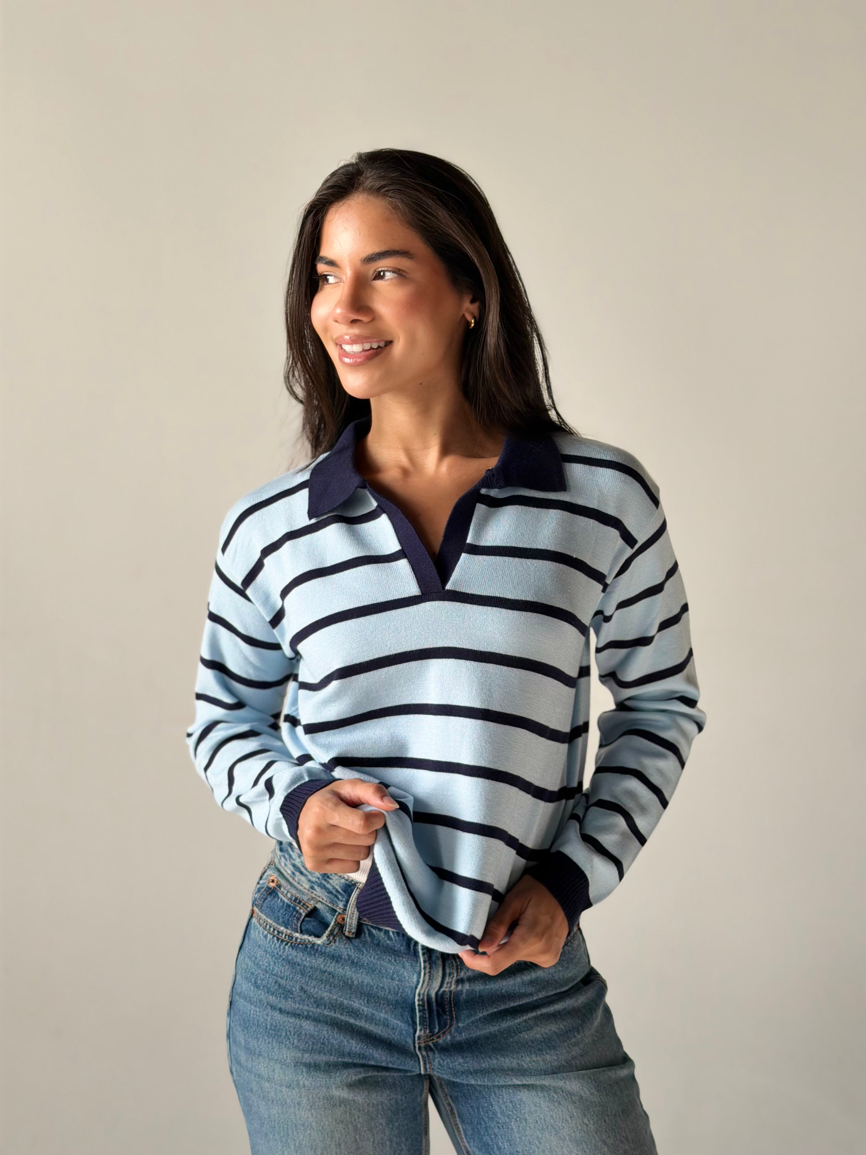 Fine Striped Knit Polo in Baby Blue x Navy
