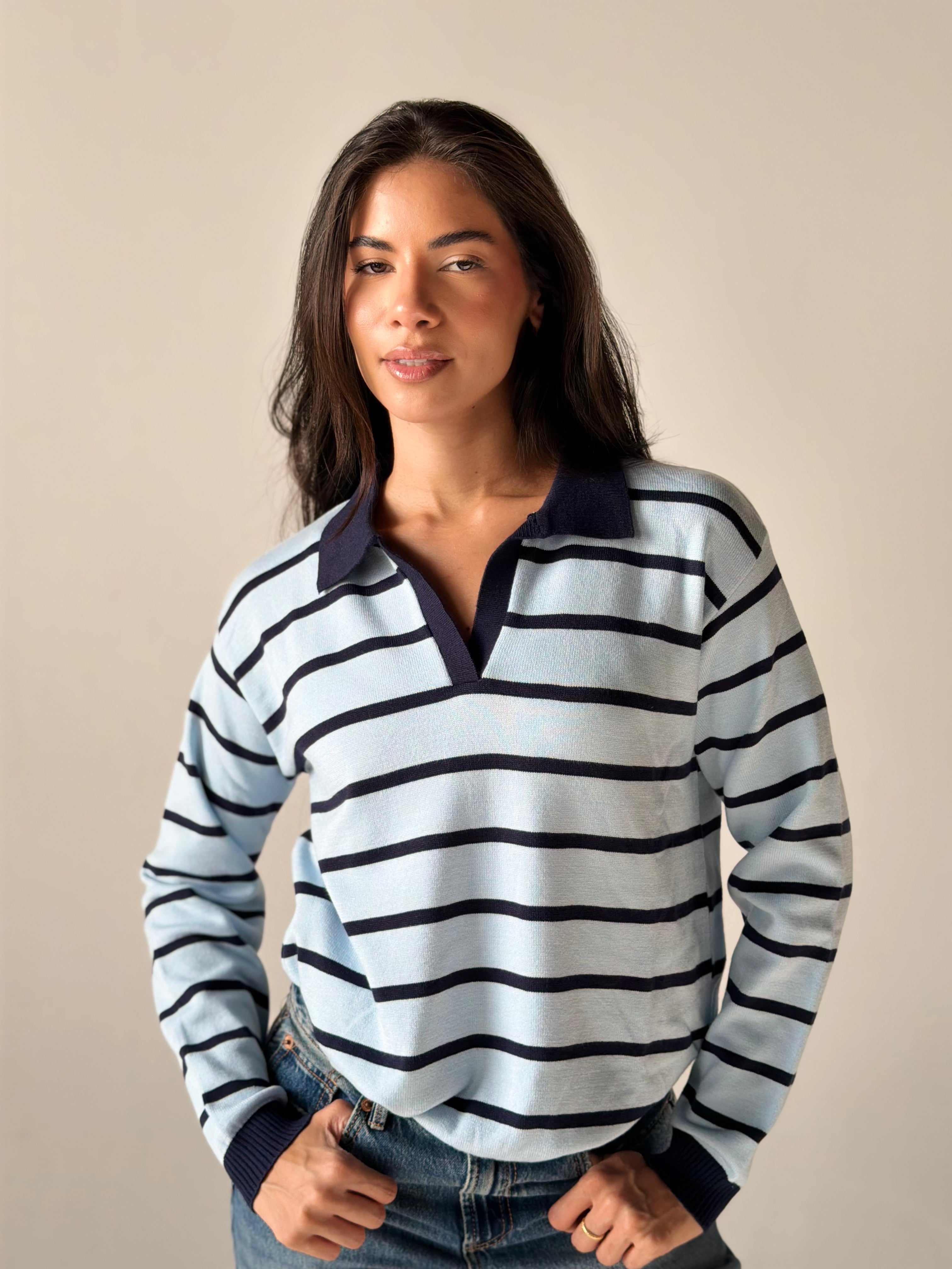 Fine Striped Knit Polo in Baby Blue x Navy