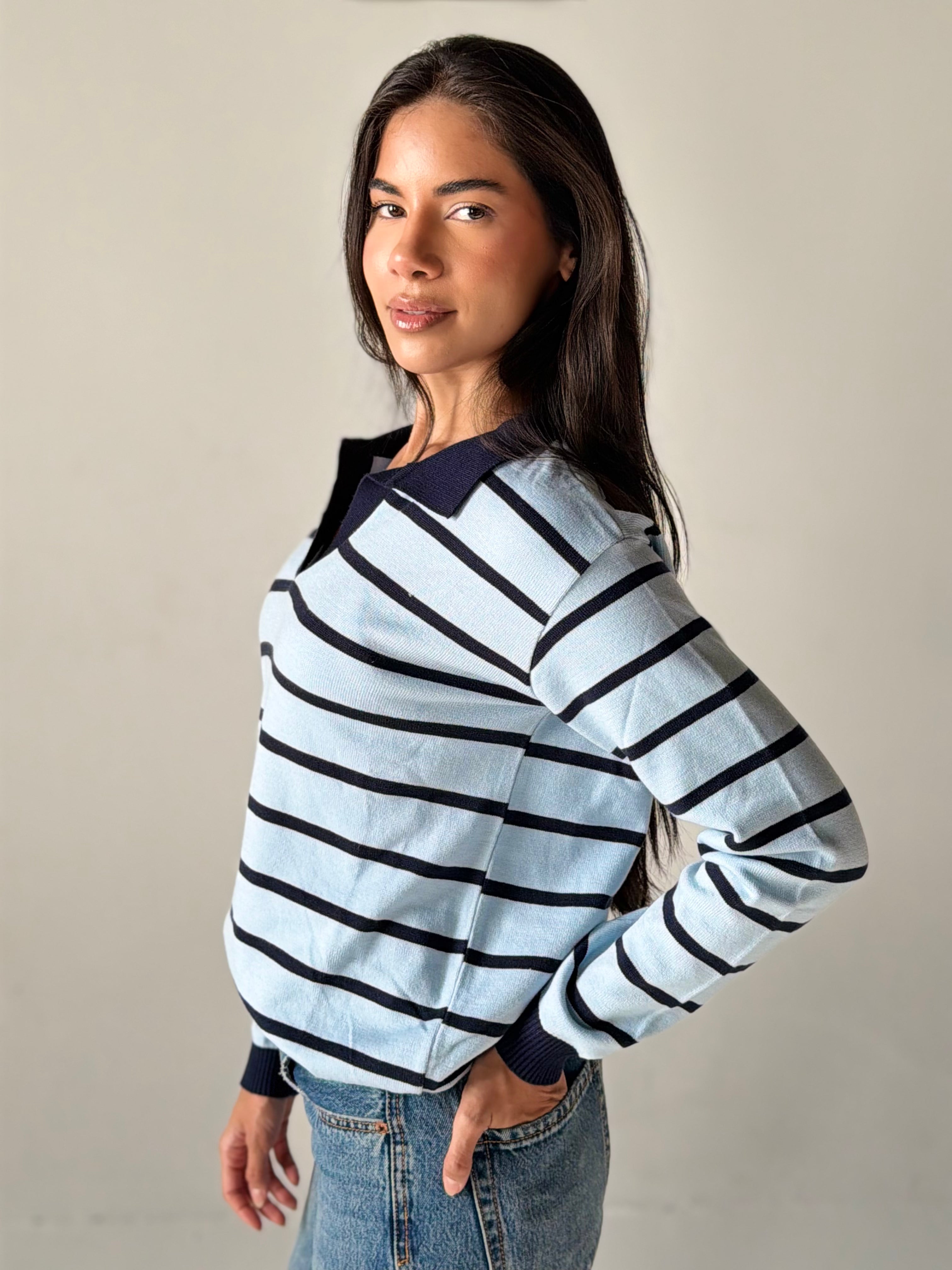 Fine Striped Knit Polo in Baby Blue x Navy
