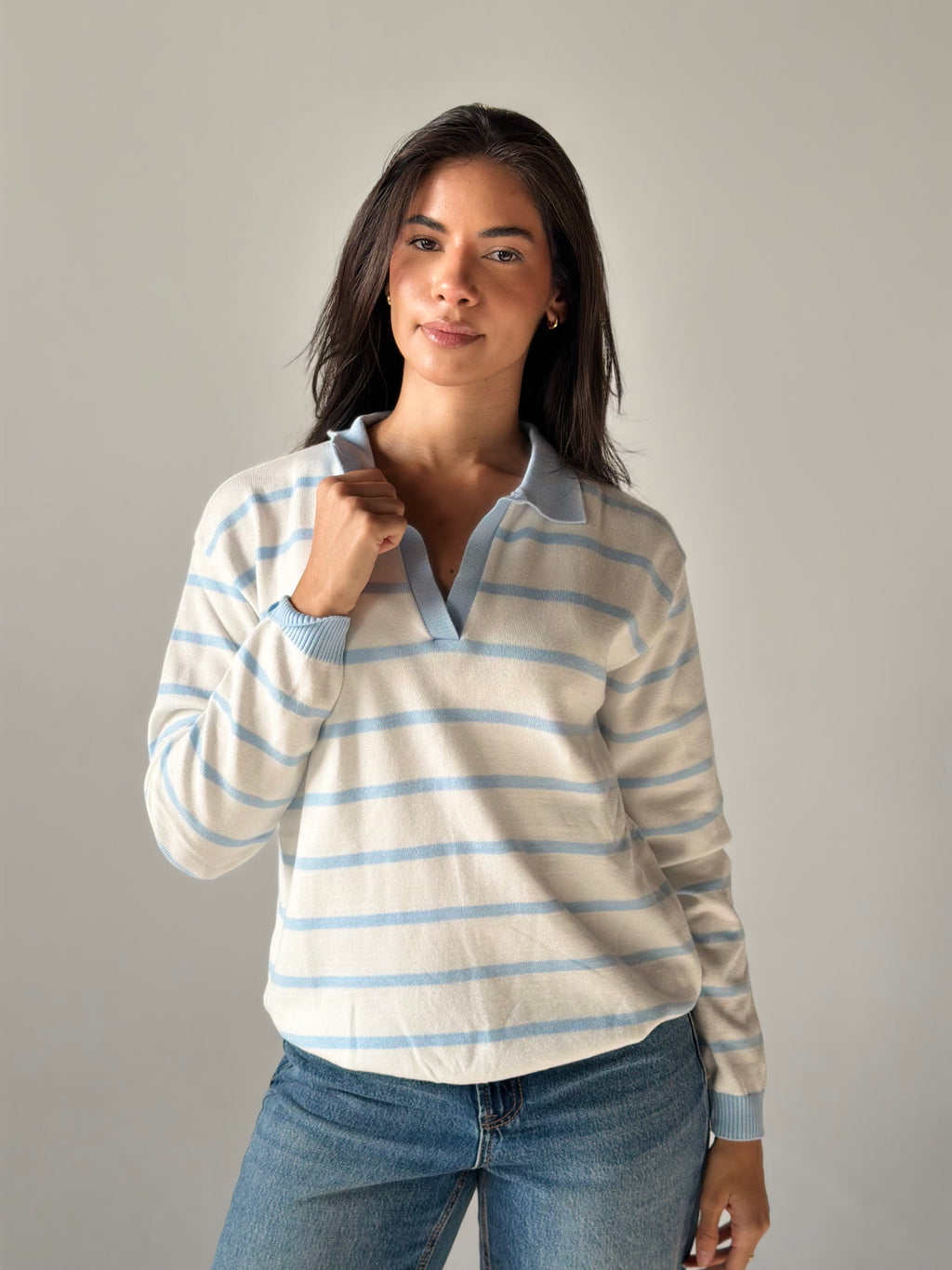 Fine Striped Knit Polo in White x Baby Blue