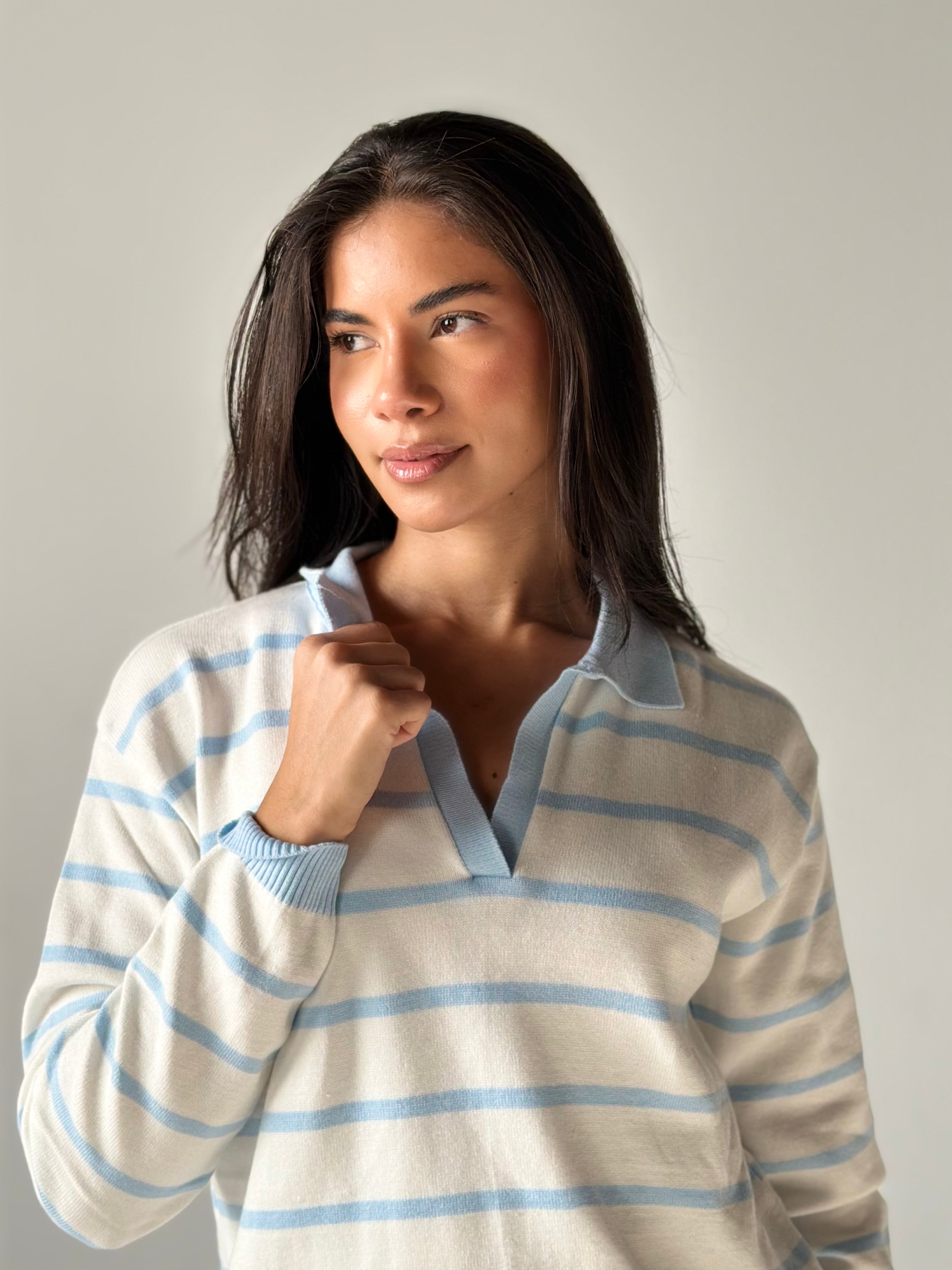 Fine Striped Knit Polo in White x Baby Blue